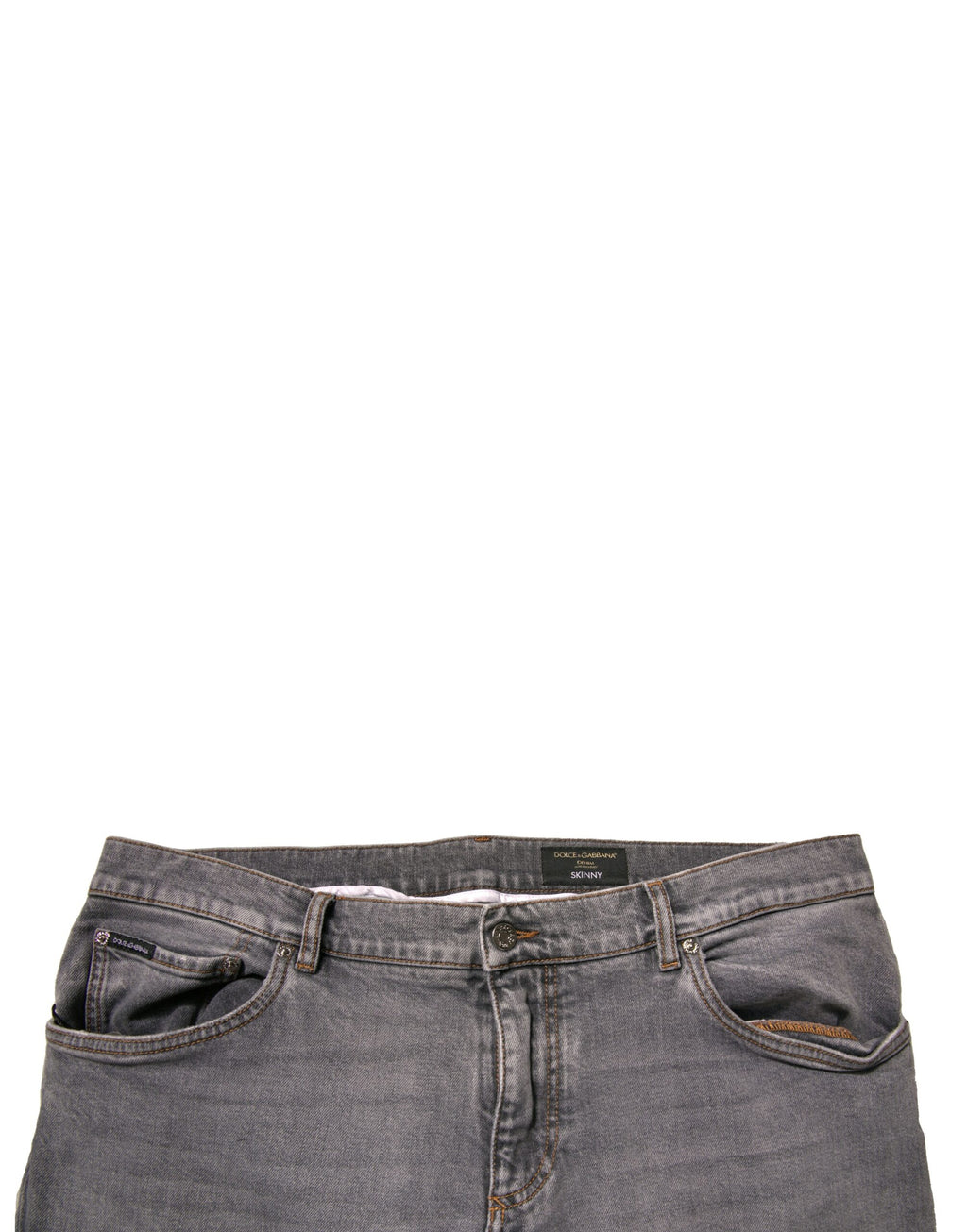 Jeans skinny en denim gris Dolce & Gabbana avec logo en coton stretch, vue de face.