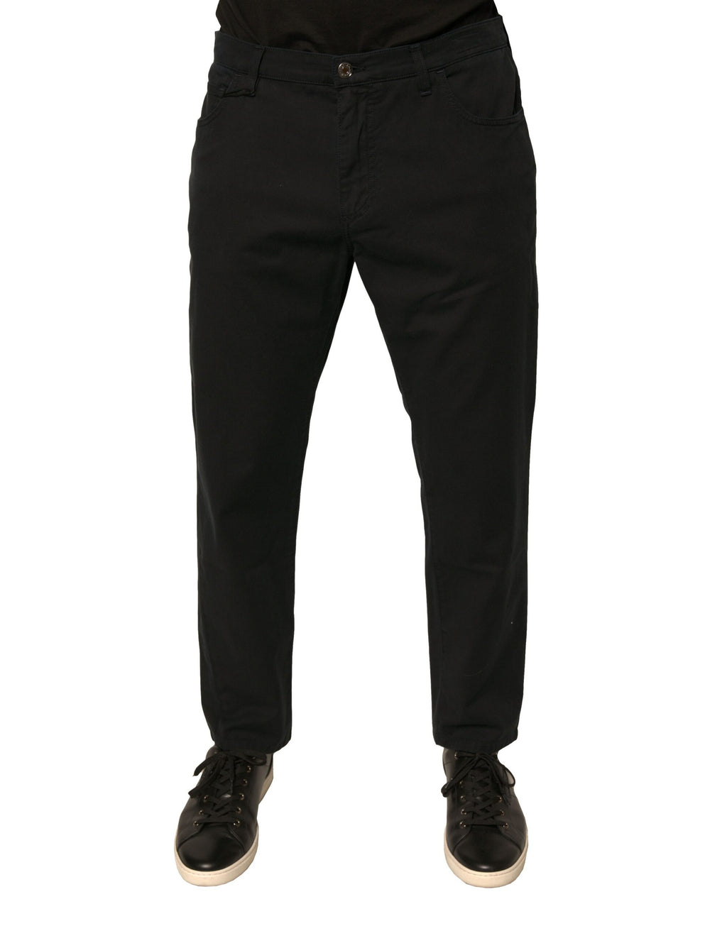 Jeans skinny en denim stretch noir Dolce & Gabbana avec logo en coton, visible sur l'image.