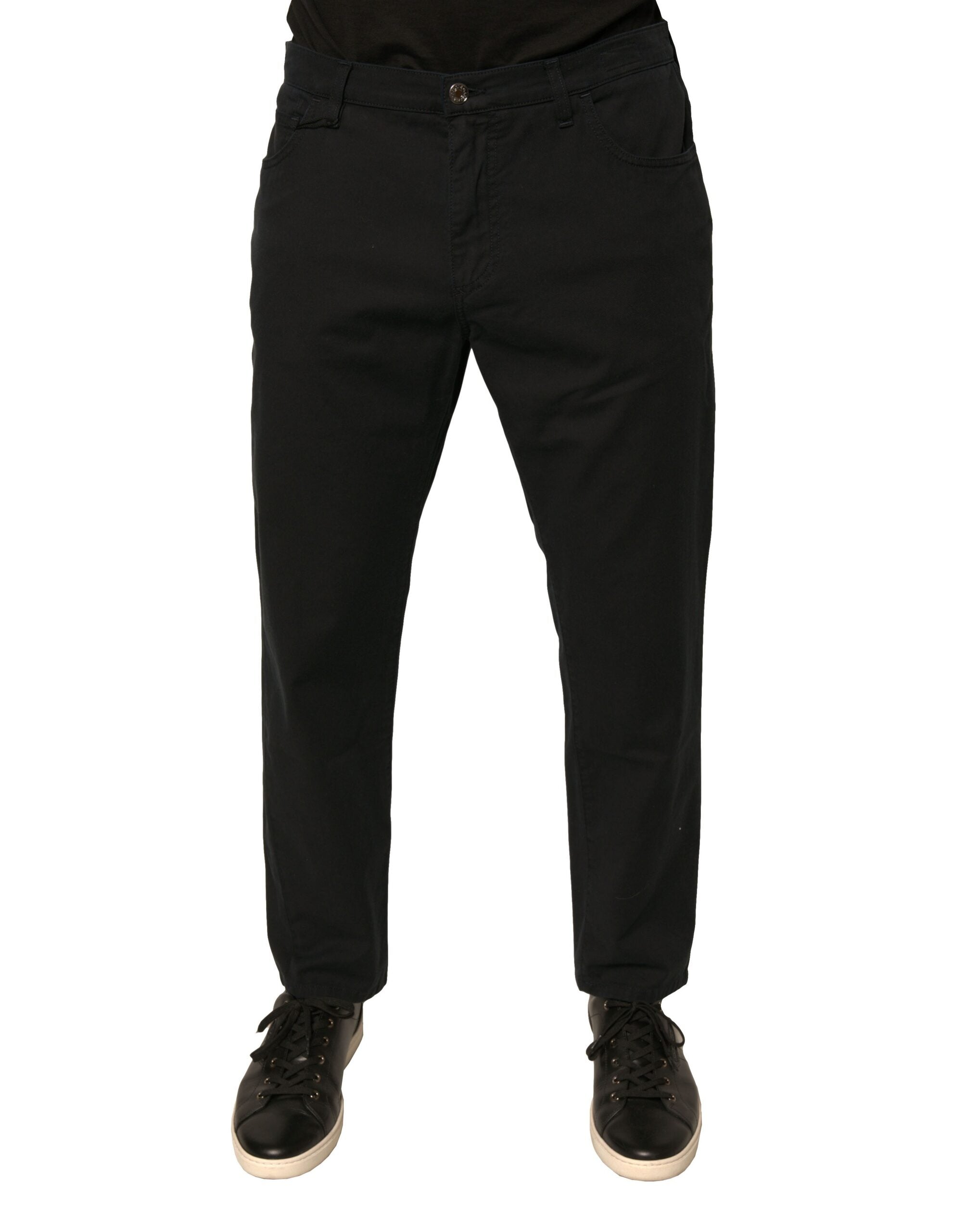Jeans skinny en denim stretch noir Dolce & Gabbana avec logo en coton, visible sur l'image.