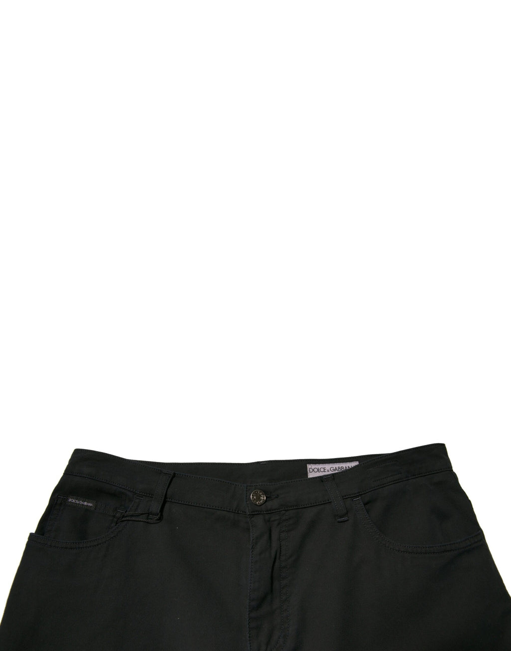 Jeans skinny en denim coton stretch noir Dolce & Gabbana avec logo, visibles en détail sur le produit.