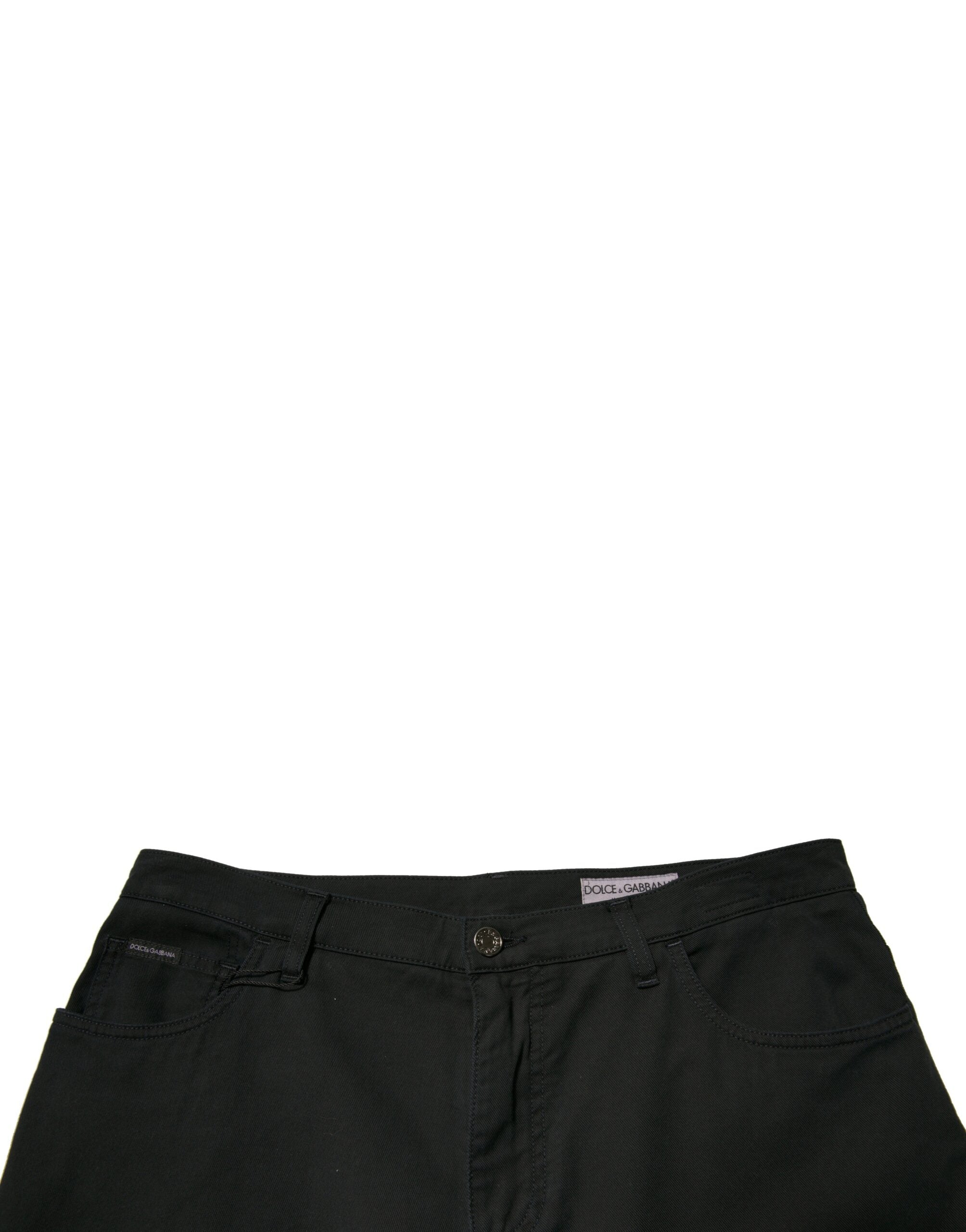 Jeans skinny en denim coton stretch noir Dolce & Gabbana avec logo, visibles en détail sur le produit.