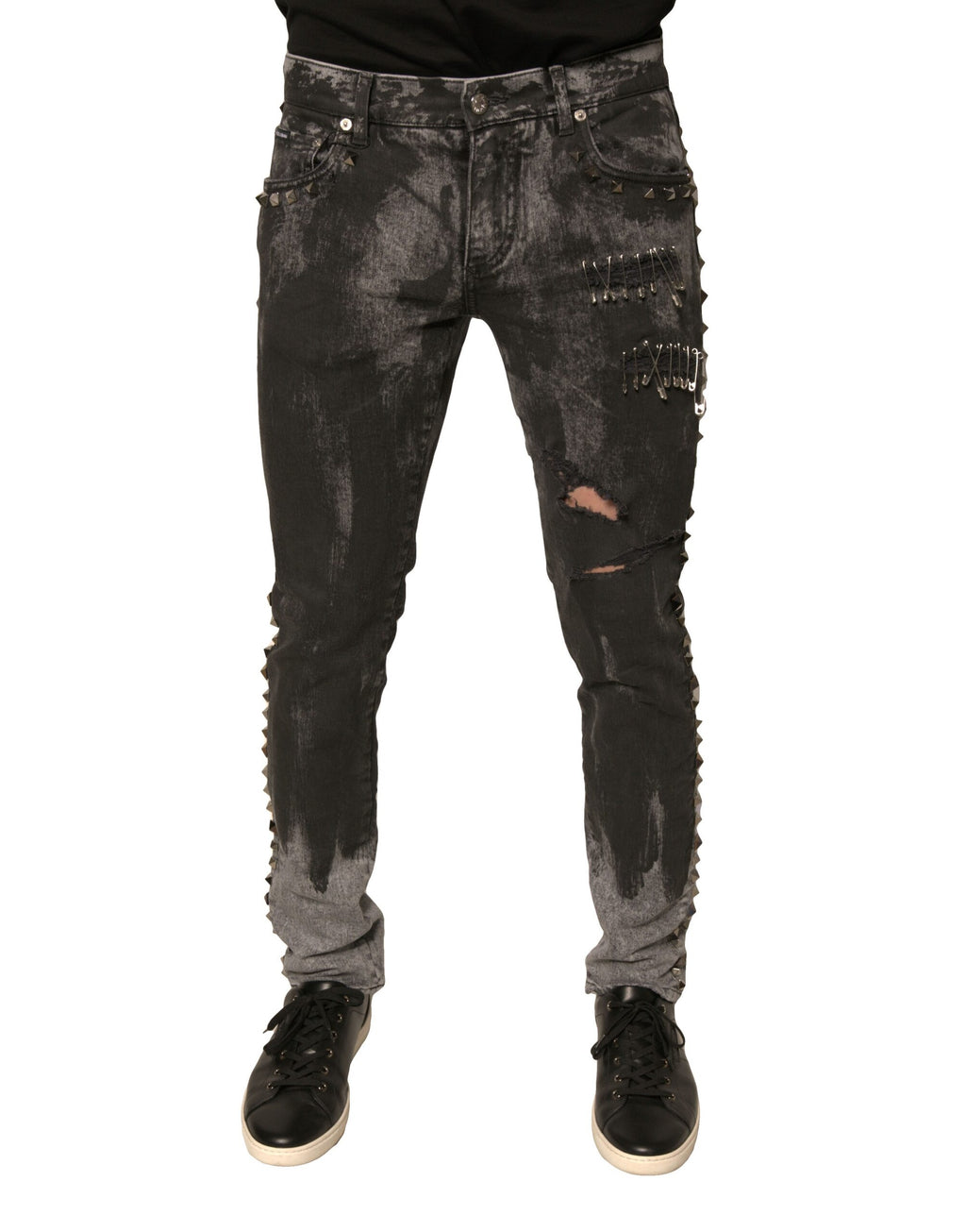Jeans skinny en denim gris Dolce & Gabbana avec embellissements en coton, mode élégante et tendance.