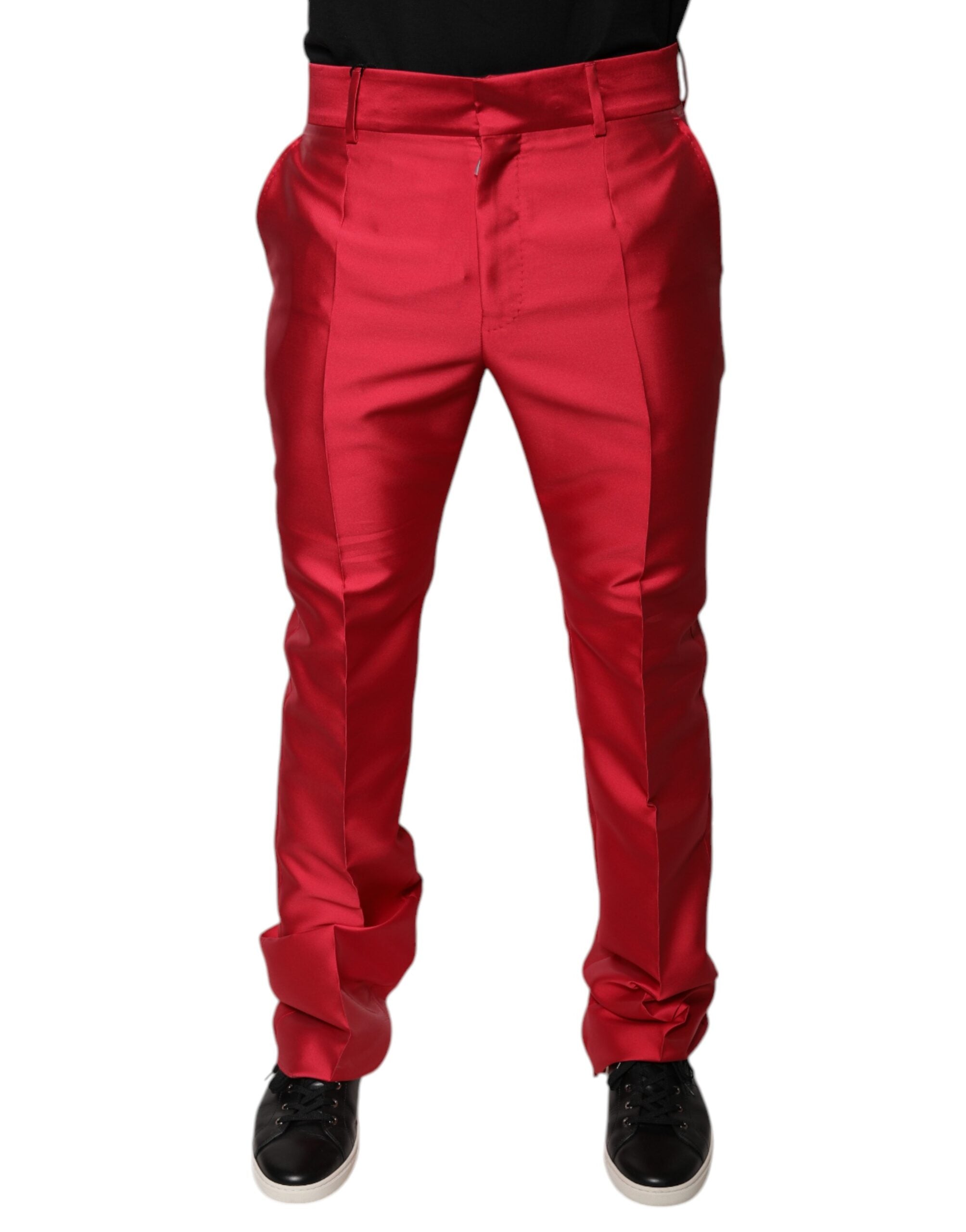 Pantalon formel Dolce & Gabbana en soie rouge, coupe slim, taille mi-hauteur, vue de face.