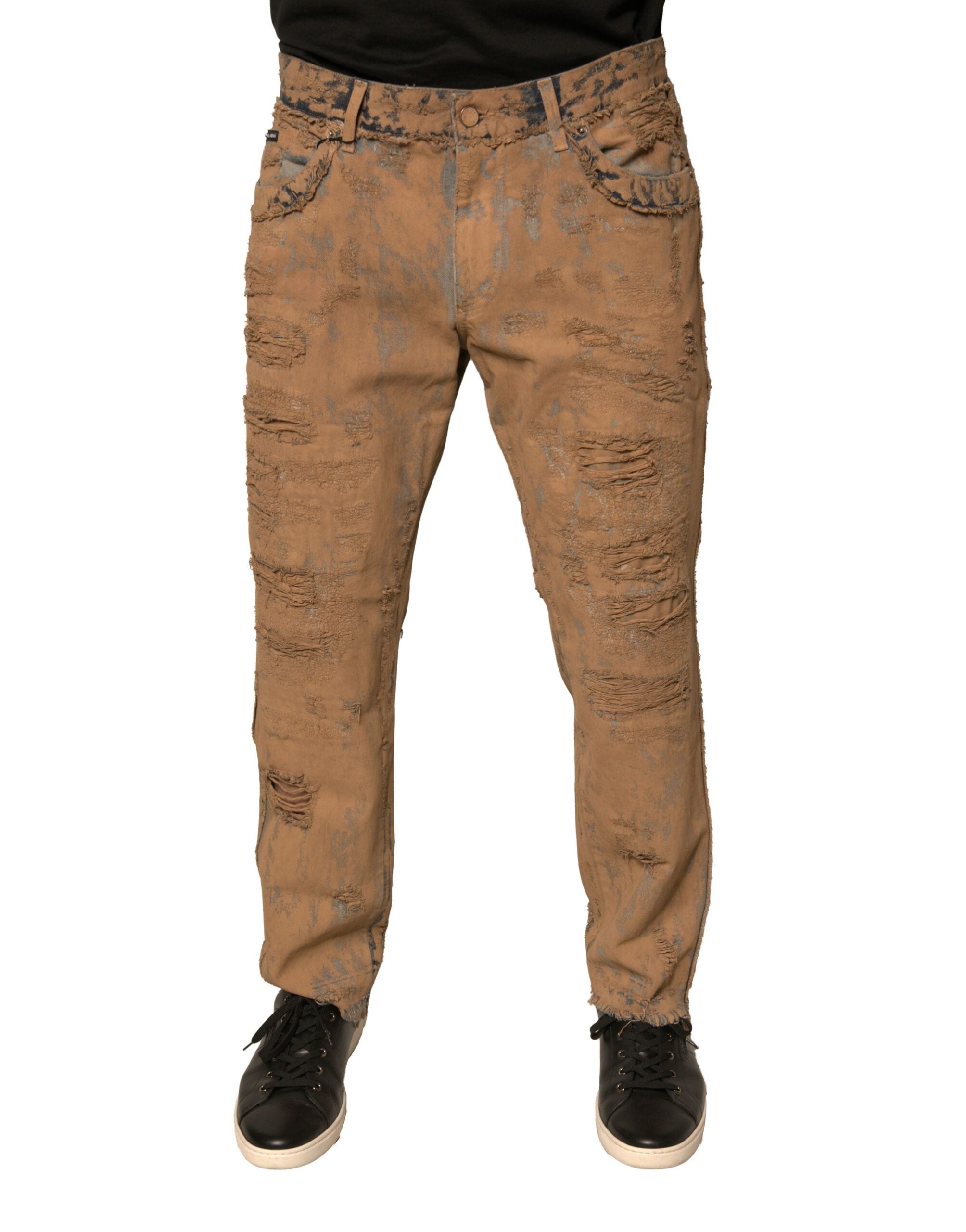 Jeans skinny en denim coton marron déchiré de Dolce & Gabbana, style tendance avec effets usés.