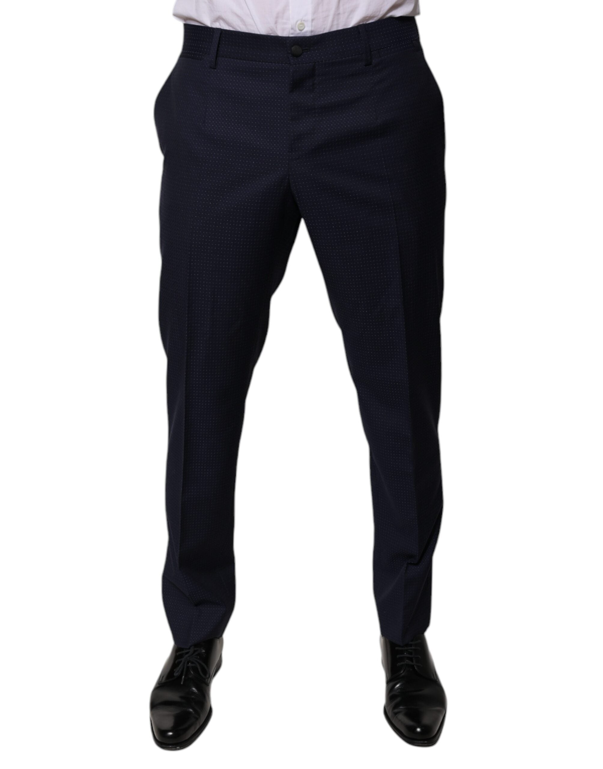 Pantalon de costume en coton bleu foncé pour homme de la marque Dolce & Gabbana, vue de face sur un fond blanc.