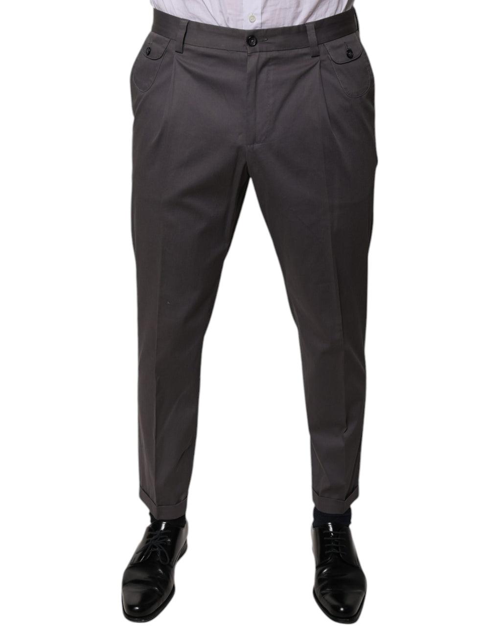 Pantalon de costume gris foncé Dolce & Gabbana à taille moyenne, vue de face, en tissu élégant pour homme.
