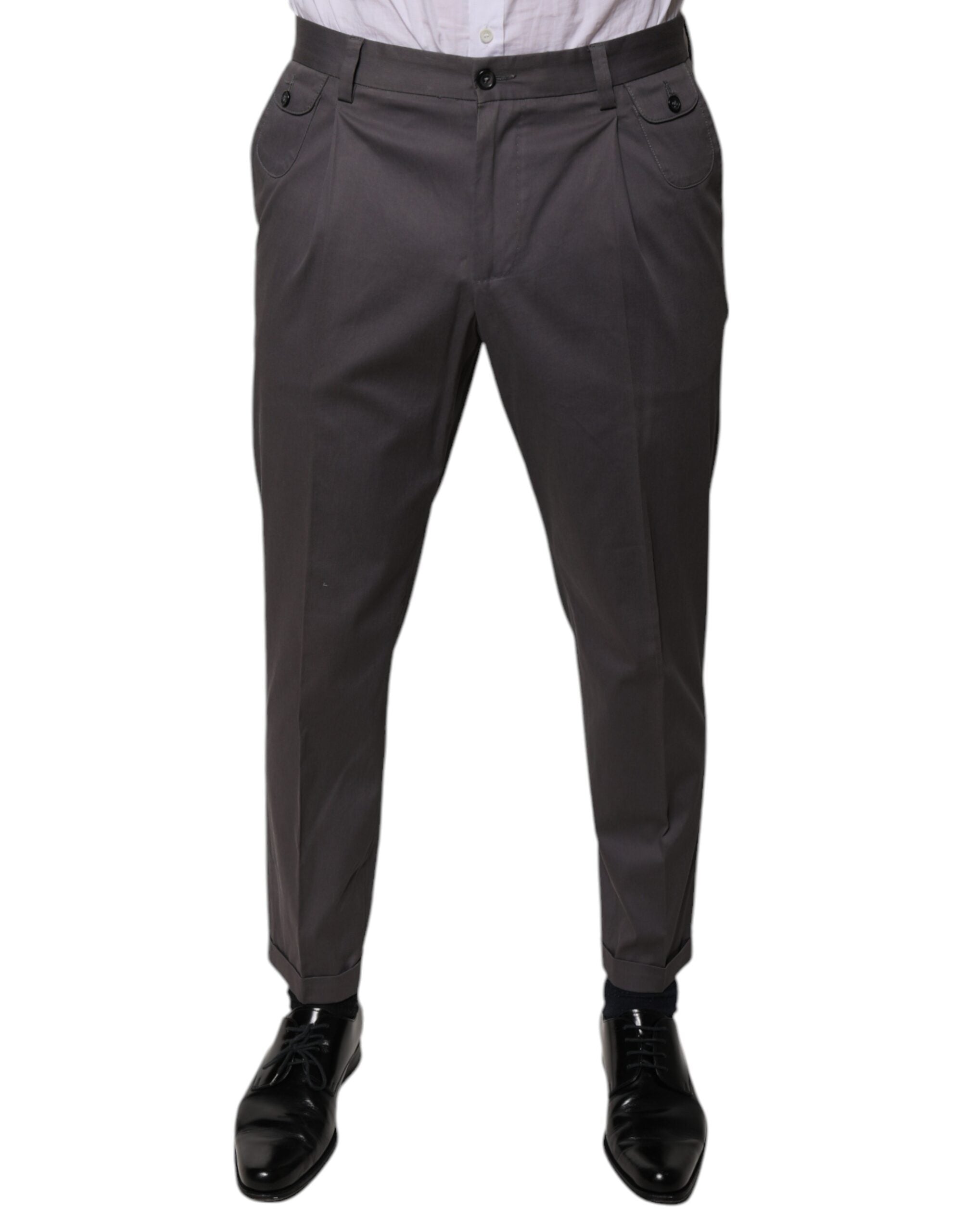 Pantalon de costume gris foncé Dolce & Gabbana à taille moyenne, vue de face, en tissu élégant pour homme.