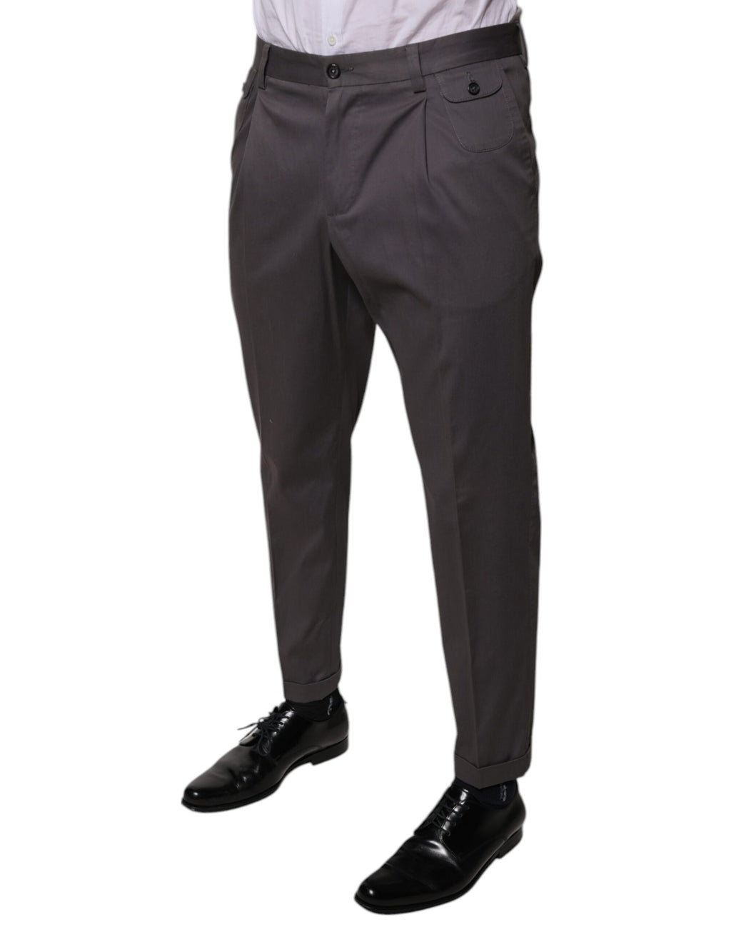 Pantalon de costume gris foncé Dolce & Gabbana à taille moyenne, vue de face, en tissu élégant et ajusté.
