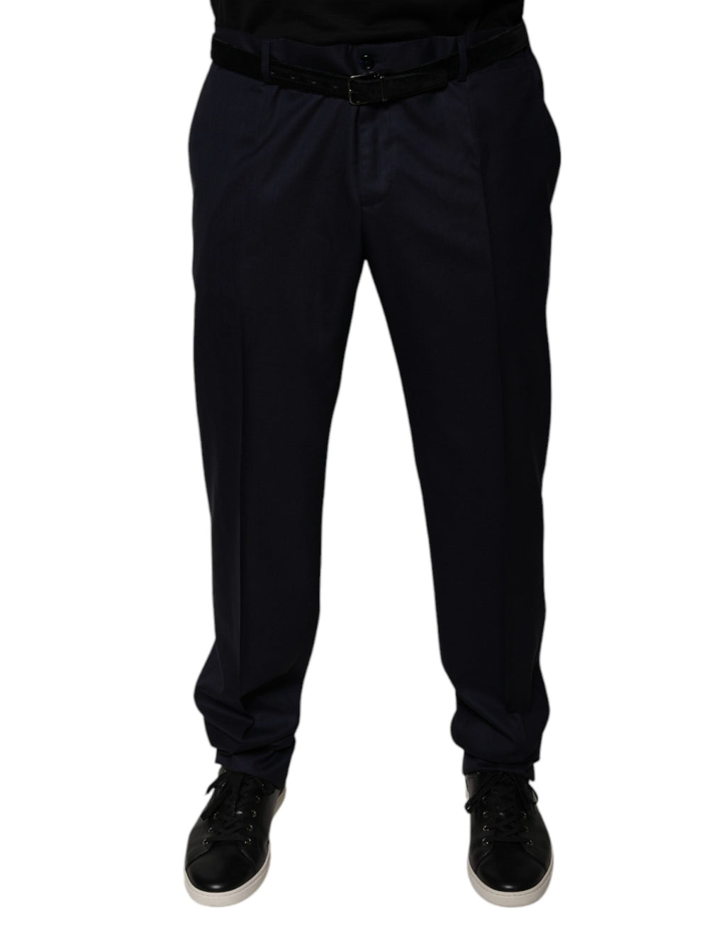 Pantalon de costume homme Dolce & Gabbana bleu foncé, coupe tapered, élégant et ajusté, en tissu formel avec détails soignés.