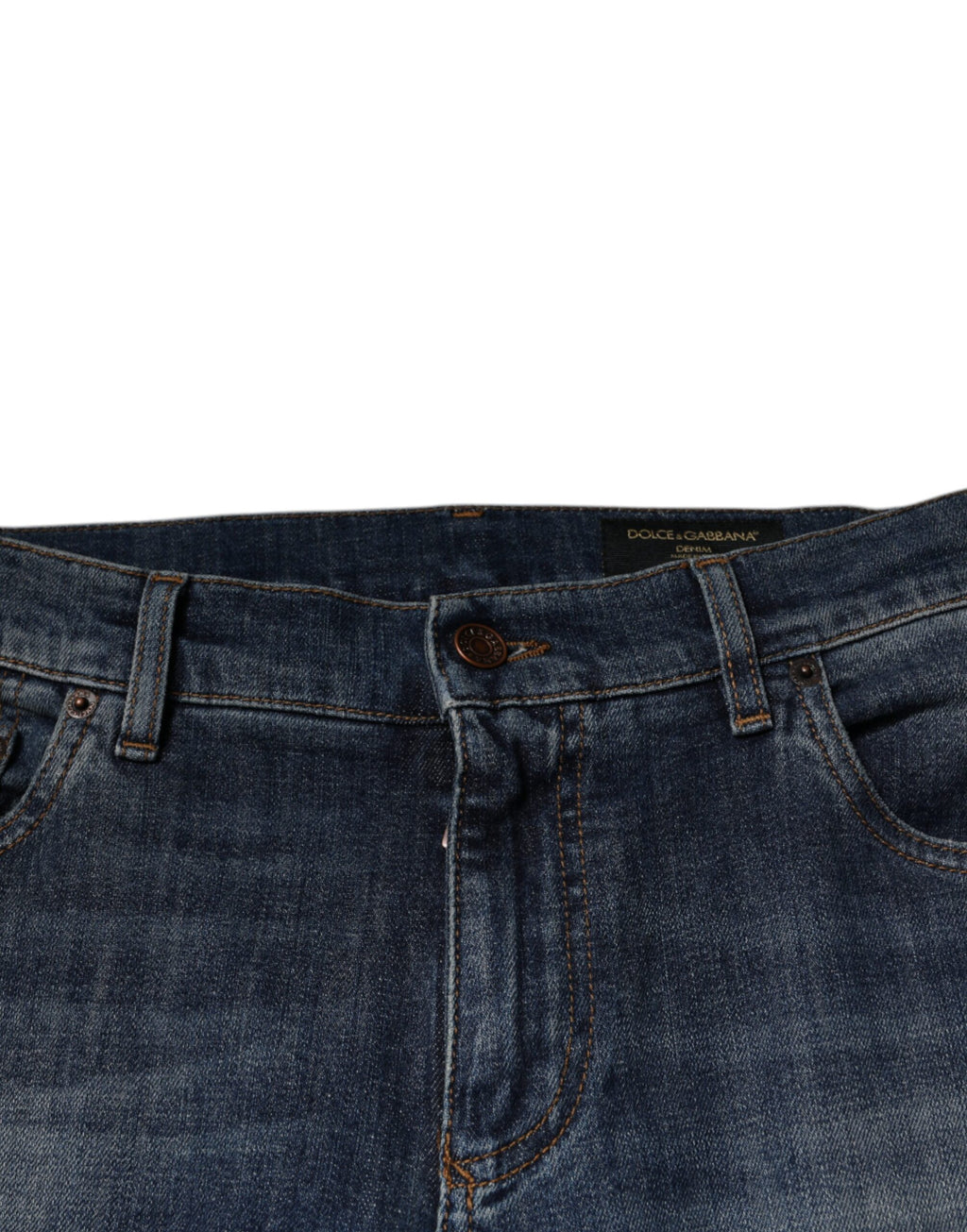 Jeans skinny en denim coton bleu Dolce & Gabbana avec logo DG couronne, vue de face avec détails visibles.