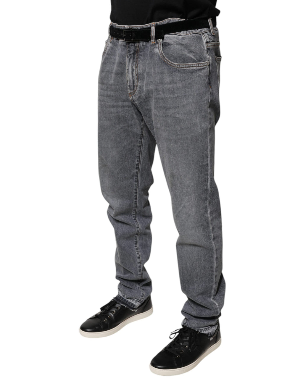 Jeans skinny en denim gris à logo en coton stretch de Dolce & Gabbana, visibles avec détails de couture et coupe ajustée.