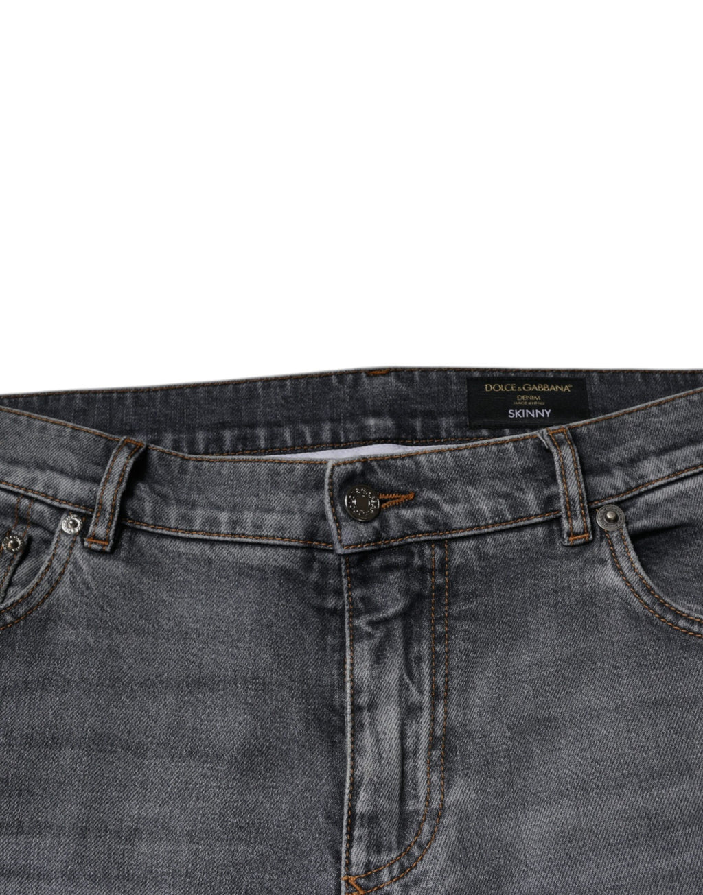Jean skinny en denim extensible gris avec logo Dolce & Gabbana, coupe ajustée et détails élégants.