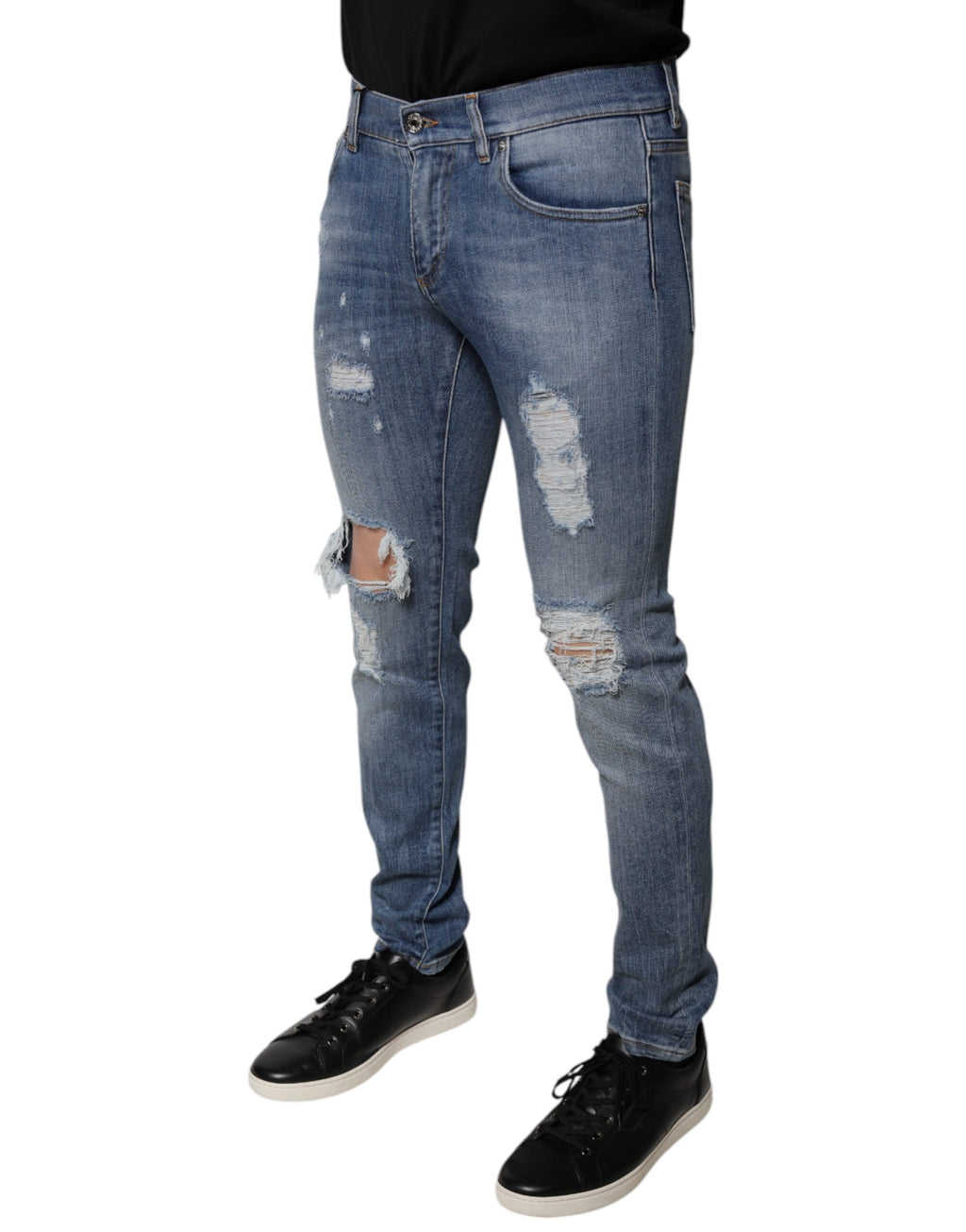 Jeans skinny en denim coton déchiré bleu de Dolce & Gabbana, coupe extensible et style tendance.