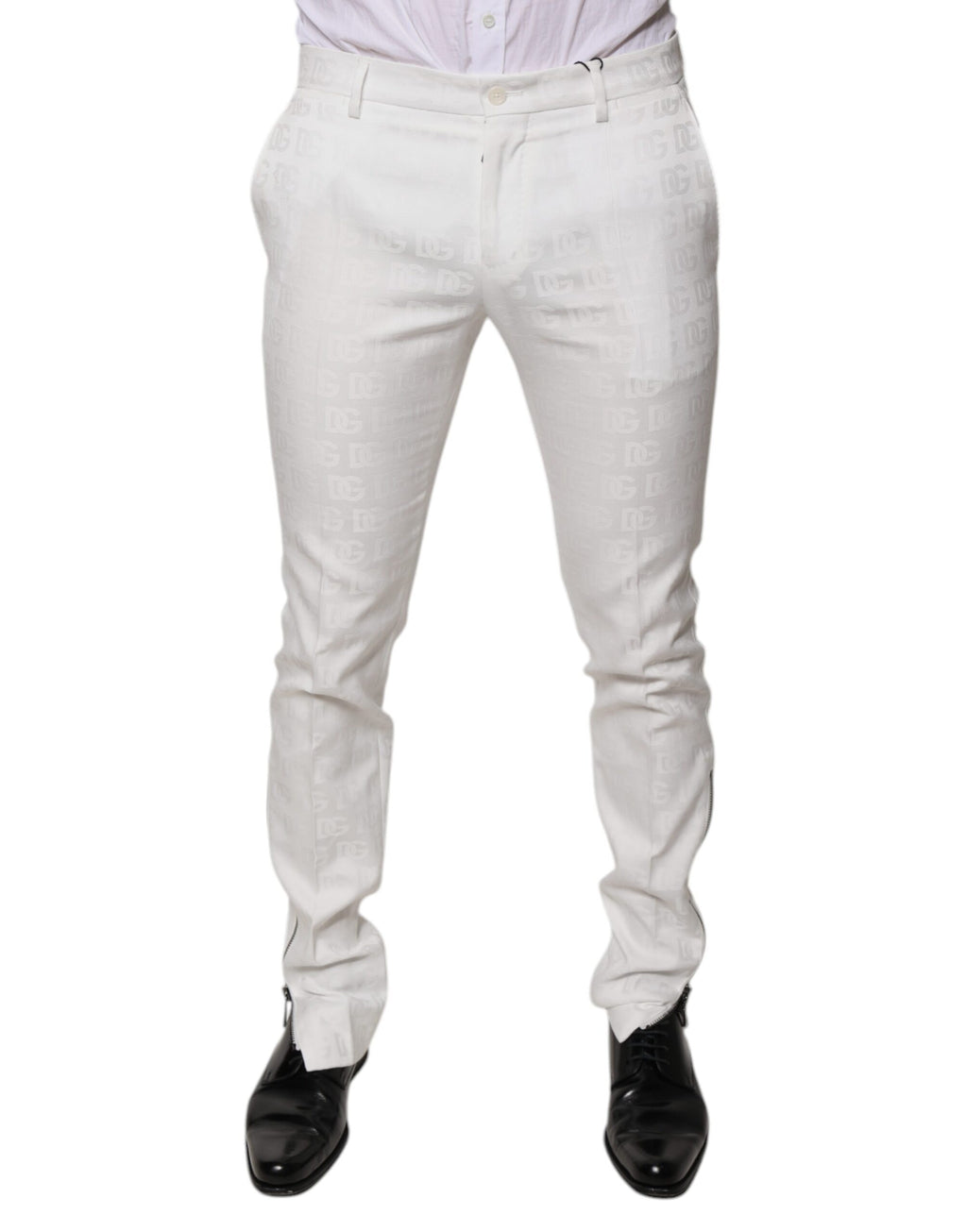 Pantalon formel blanc en coton Dolce & Gabbana, coupe tapered, détails élégants pour occasion habillée.
