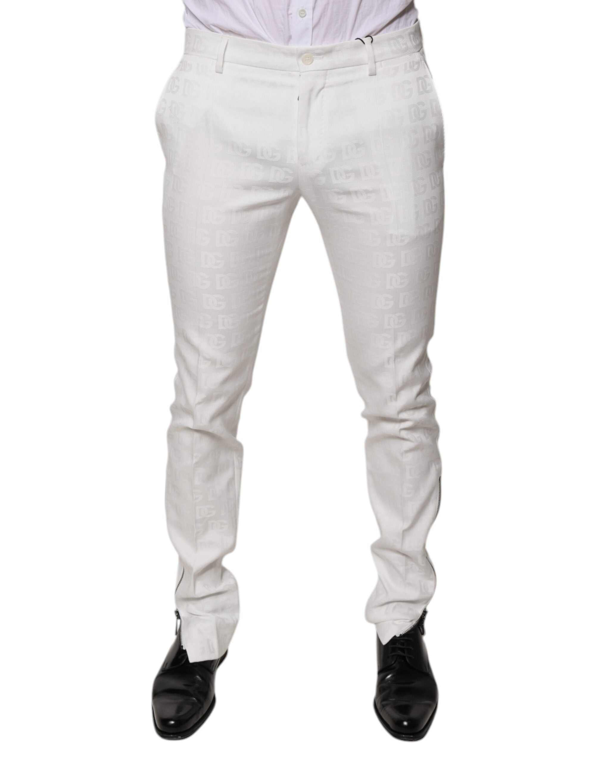 Pantalon formel blanc en coton Dolce & Gabbana, coupe tapered, détails élégants pour occasion habillée.