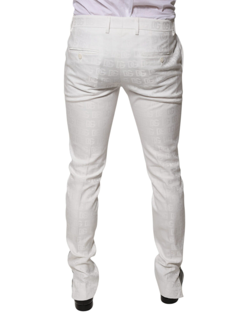 Pantalons formels en coton blanc Dolce & Gabbana, coupe tapered, vue de face sur pantalon élégant pour homme.