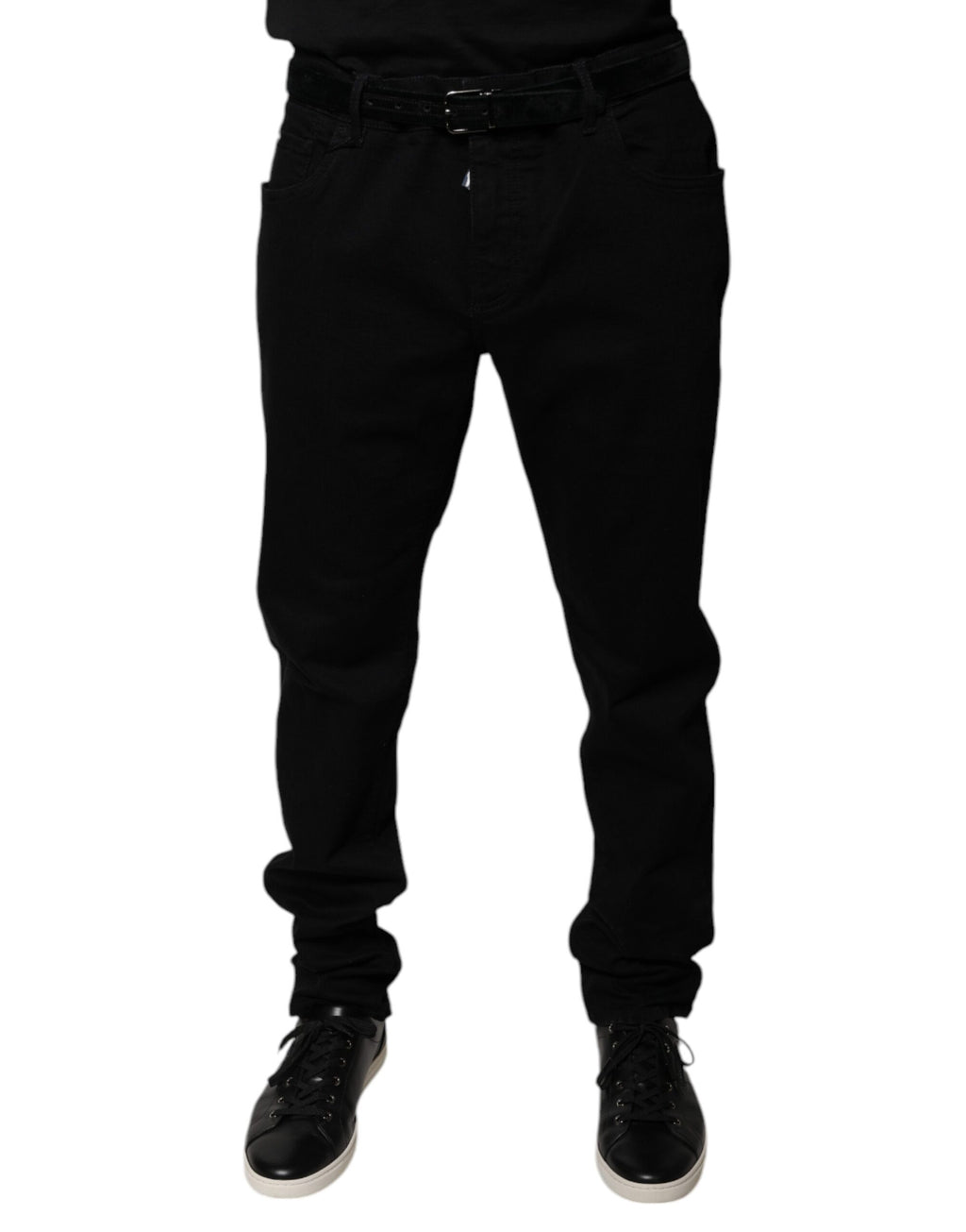 Jeans skinny en denim noir Dolce & Gabbana avec logo en coton extensible, coupe ajustée et détails modernes.
