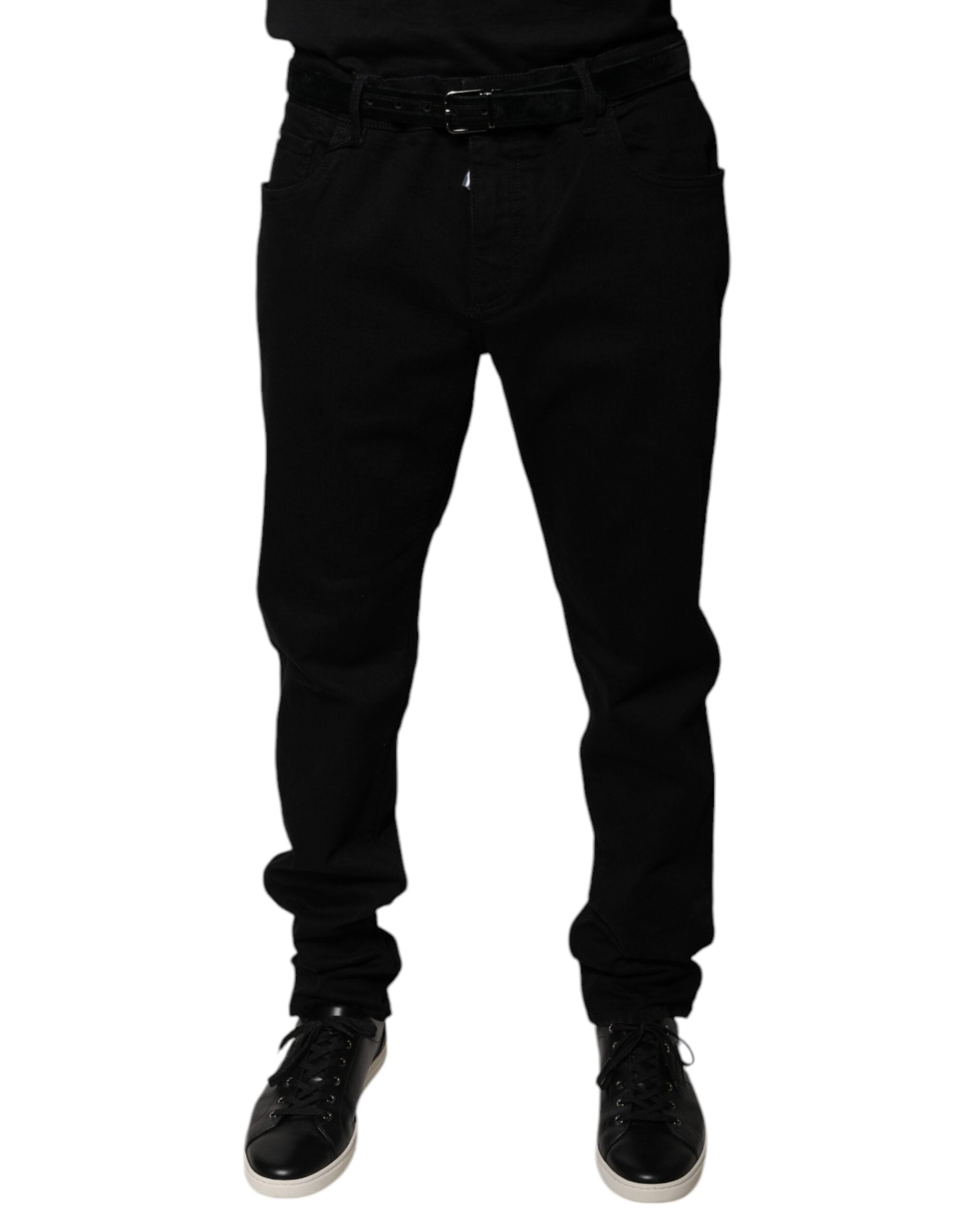Jeans skinny en denim coton stretch noir Dolce & Gabbana avec logo visible, ajustés et modernes.