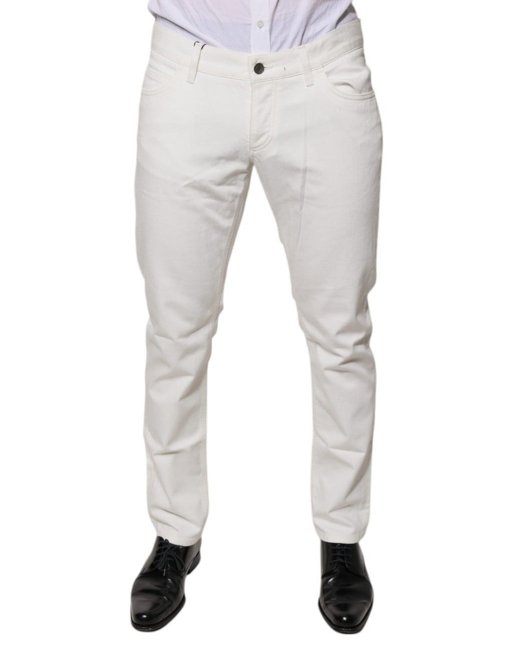 Pantalons skinny en denim blanc en coton de Dolce & Gabbana, style ajusté et tendance, vue de face sur fond neutre.