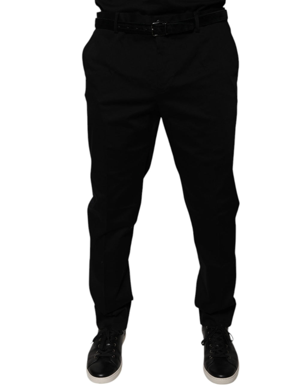 Pantalon de costume noir Dolce & Gabbana à coupe tapered, élégant et formel, en tissu classique, vue de devant.