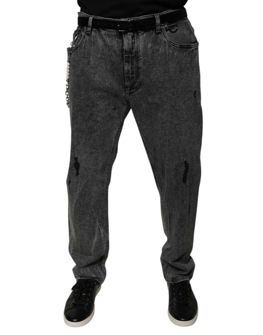 Jeans slim en coton gris foncé Dolce & Gabbana, coupe skinny, détails en denim et couture visible.