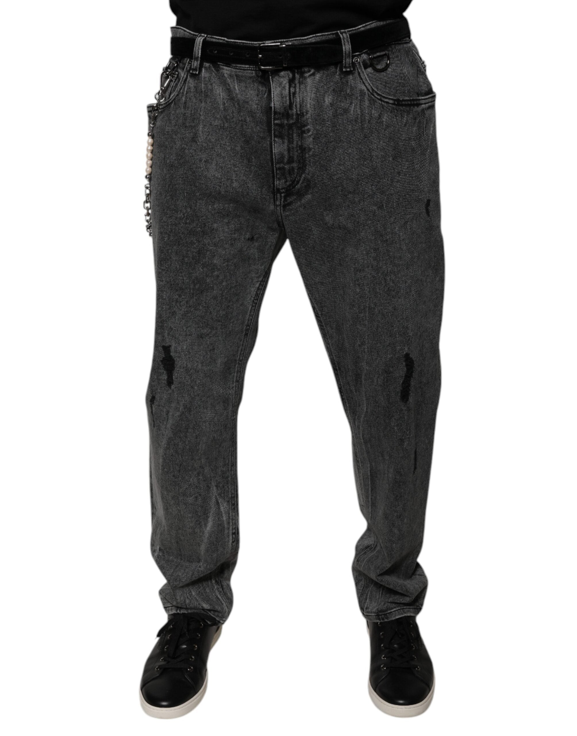 Jeans slim en coton gris foncé Dolce & Gabbana, coupe skinny, détails en denim et couture visible.