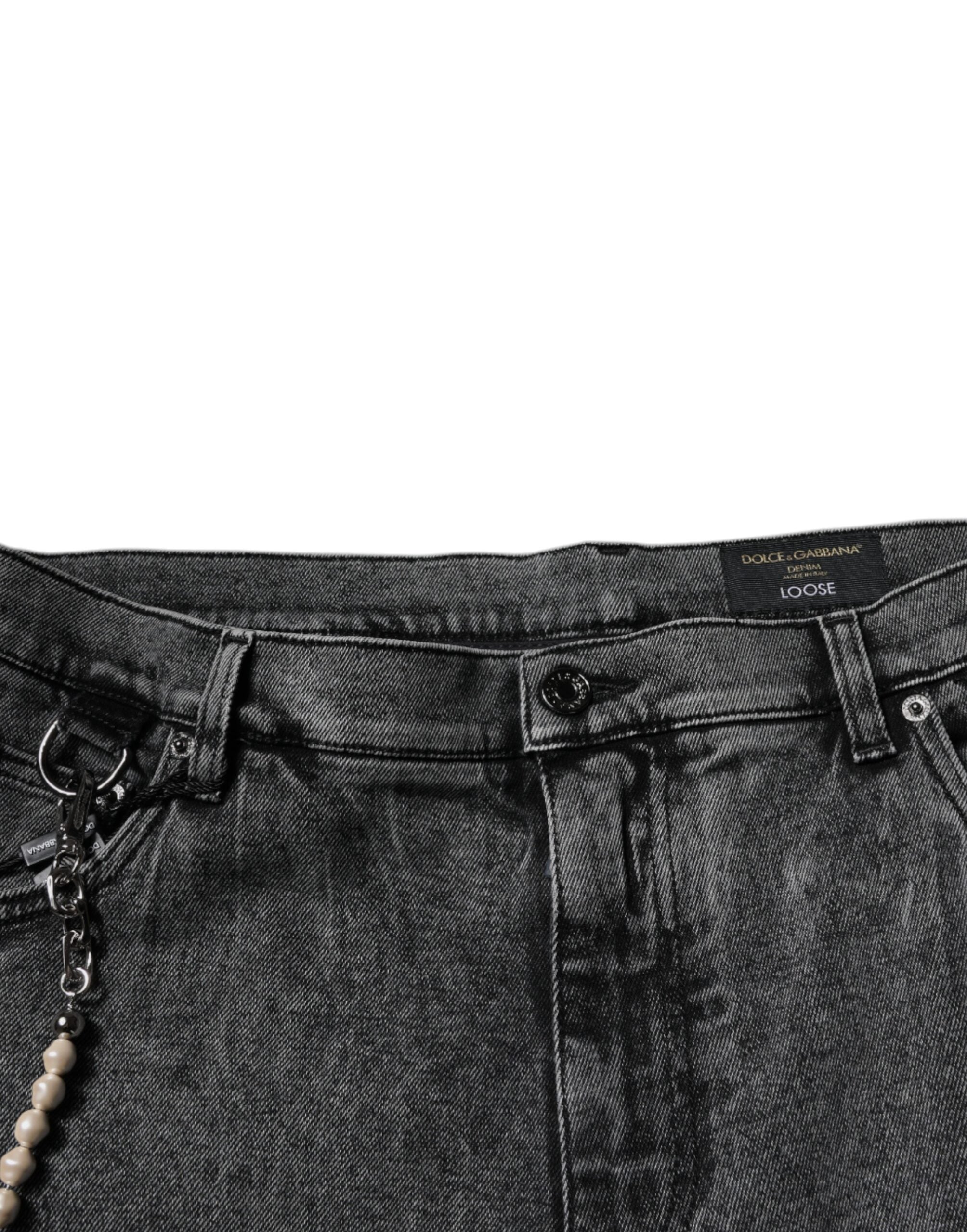 Jeans skinny en denim gris foncé Dolce & Gabbana en coton, vue de face avec détails de couture et poche arrière visible.