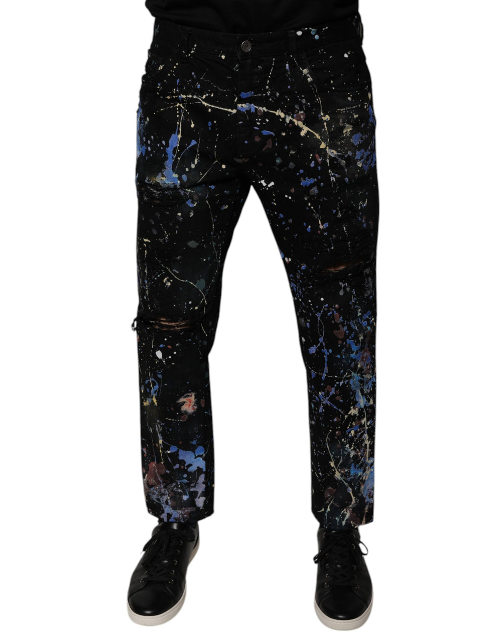Jeans skinny en denim coton noir avec éclaboussures de couleur Dolce & Gabbana, style moderne et tendance.