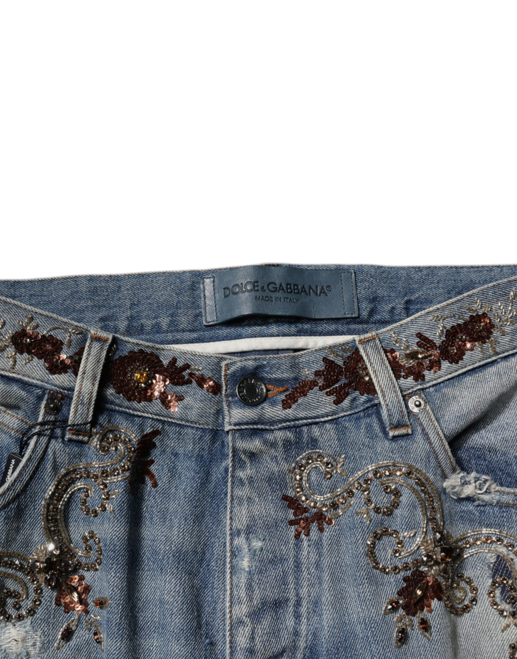 Jeans skinny en denim bleu clair Dolce & Gabbana Light Blue avec broderies élégantes, vue de face.