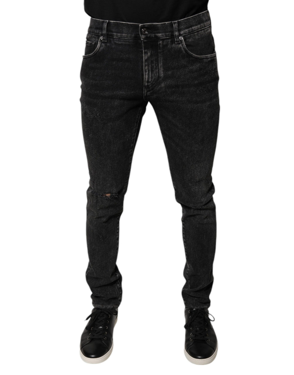 Jeans homme Dolce & Gabbana en coton stretch noir, coupe skinny, denim épais, détails modernes et ajustés.