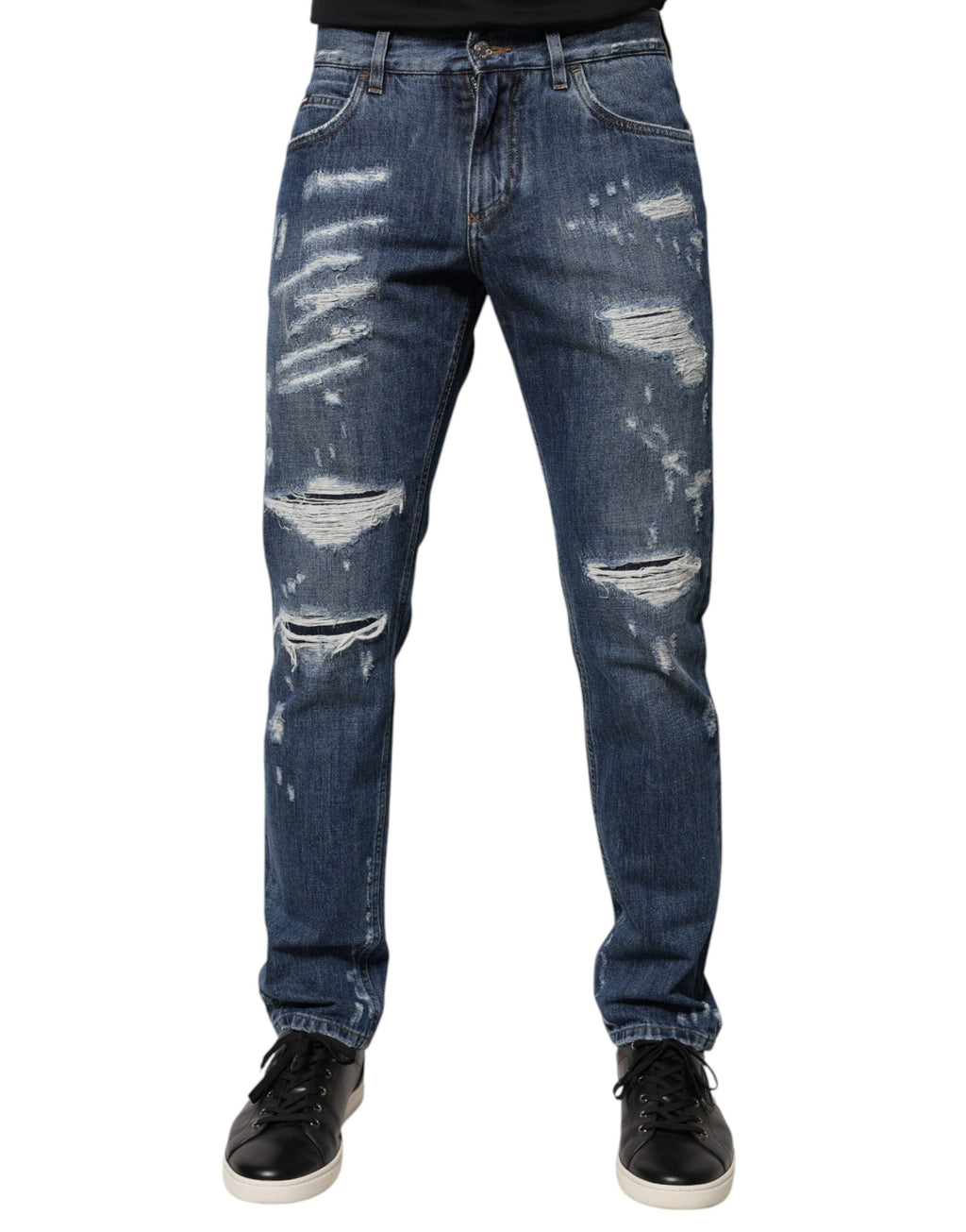 Jeans skinny en denim coton bleu déchiré de Dolce & Gabbana, style décontracté et tendance.
