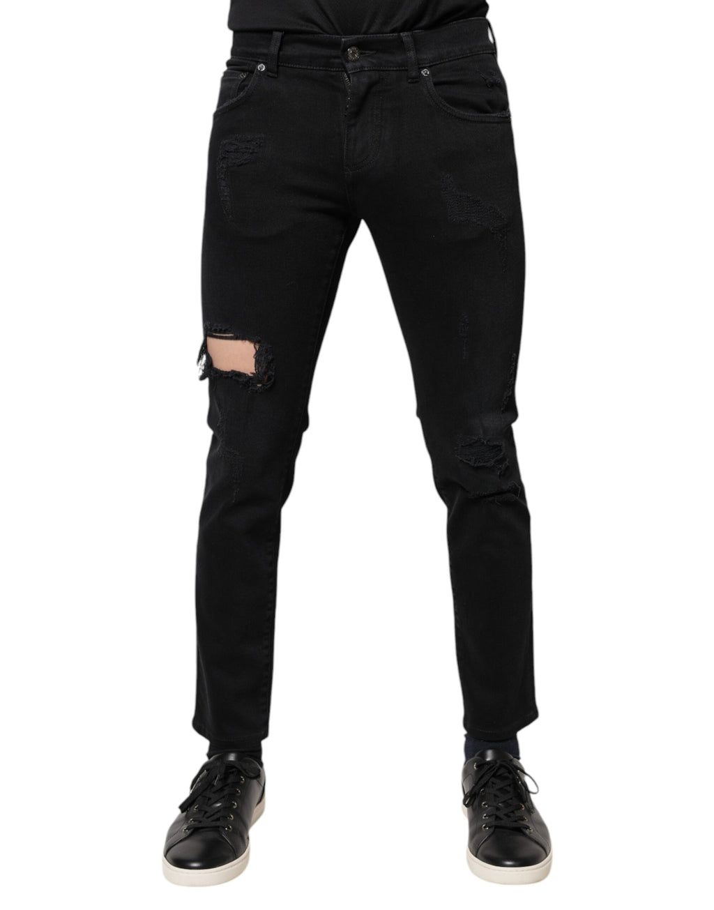 Jeans skinny en denim noir tacheté de coton avec logo de Dolce & Gabbana, mode décontractée et tendance.