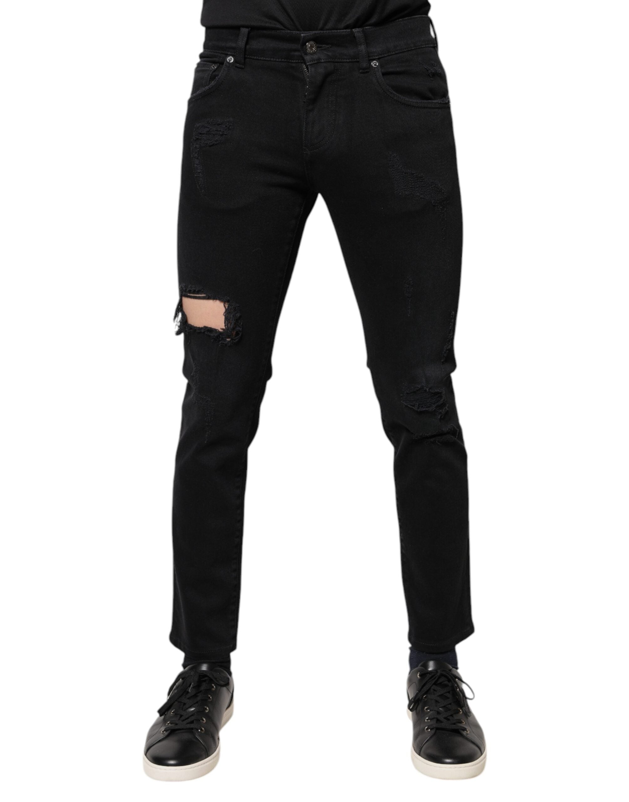 Jeans skinny en denim noir tacheté de coton avec logo de Dolce & Gabbana, mode décontractée et tendance.
