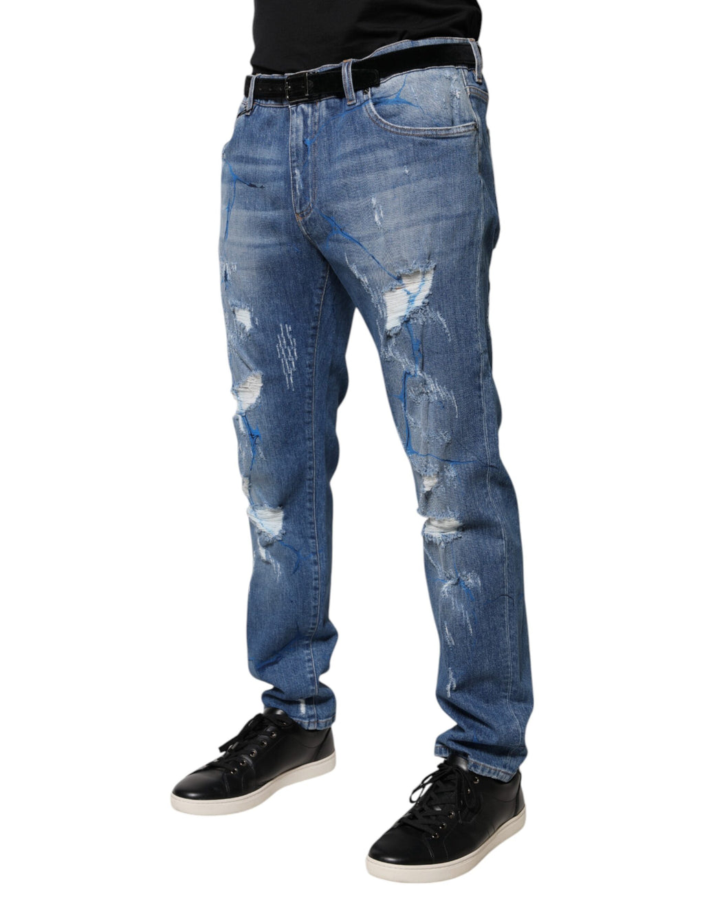 Jeans skinny en denim stretch bleu Dolce & Gabbana avec déchirures, coupe ajustée et style décontracté.