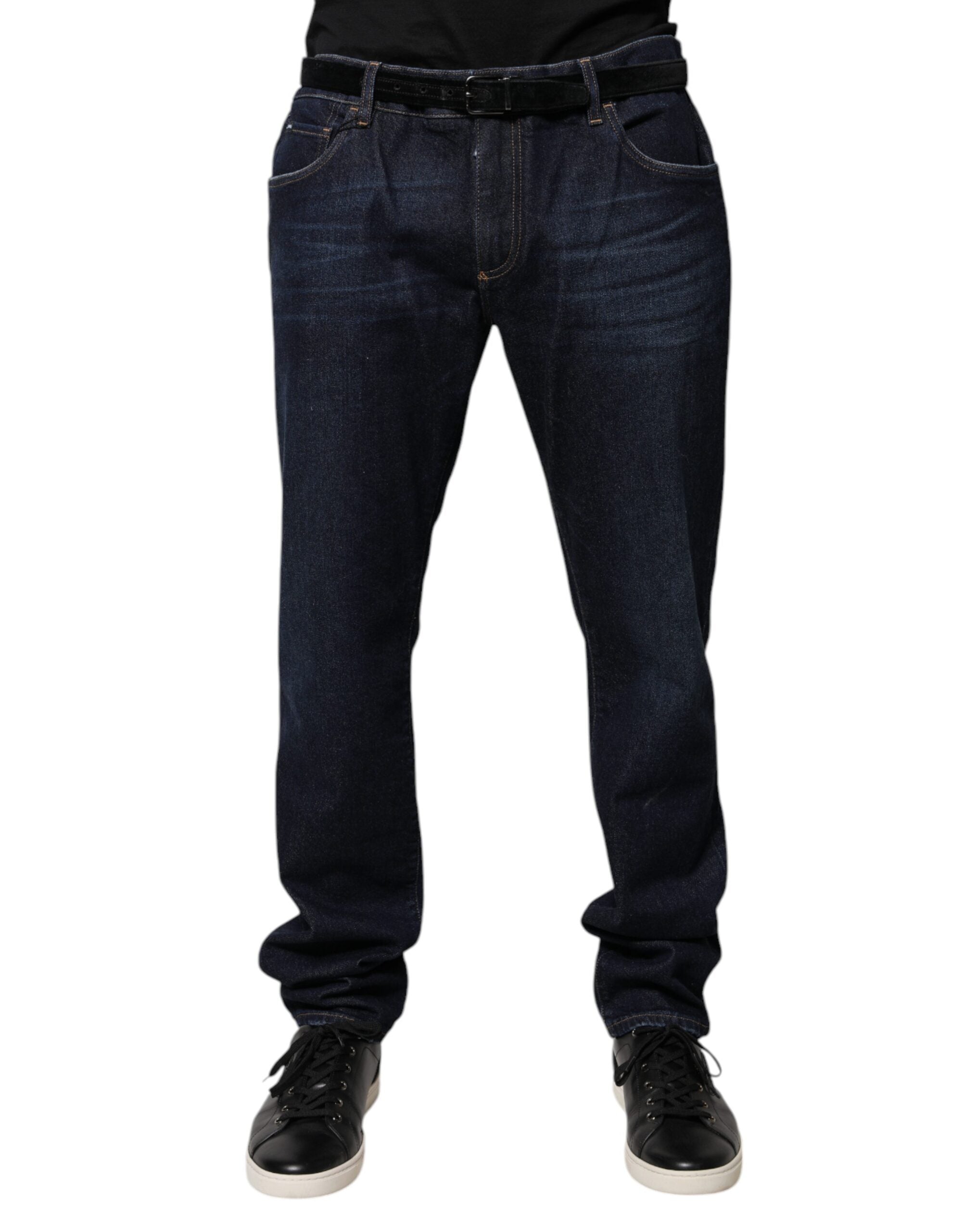 Jeans slim en denim coton bleu foncé de Dolce & Gabbana, coupe ajustée, visible à partir de l'image.