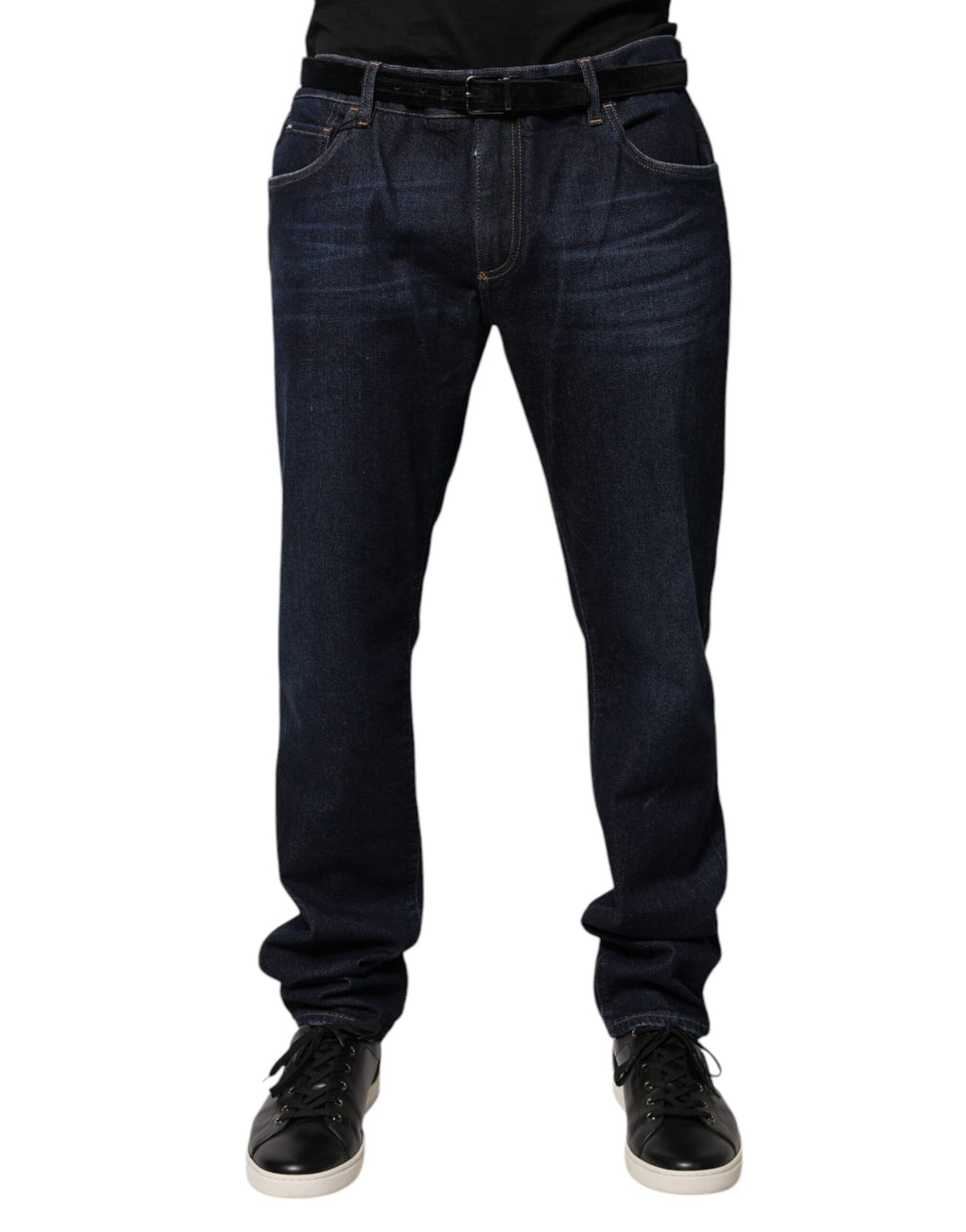 Jeans skinny en denim coton bleu foncé de Dolce & Gabbana, vue de face, avec détails de couture et ceinture.