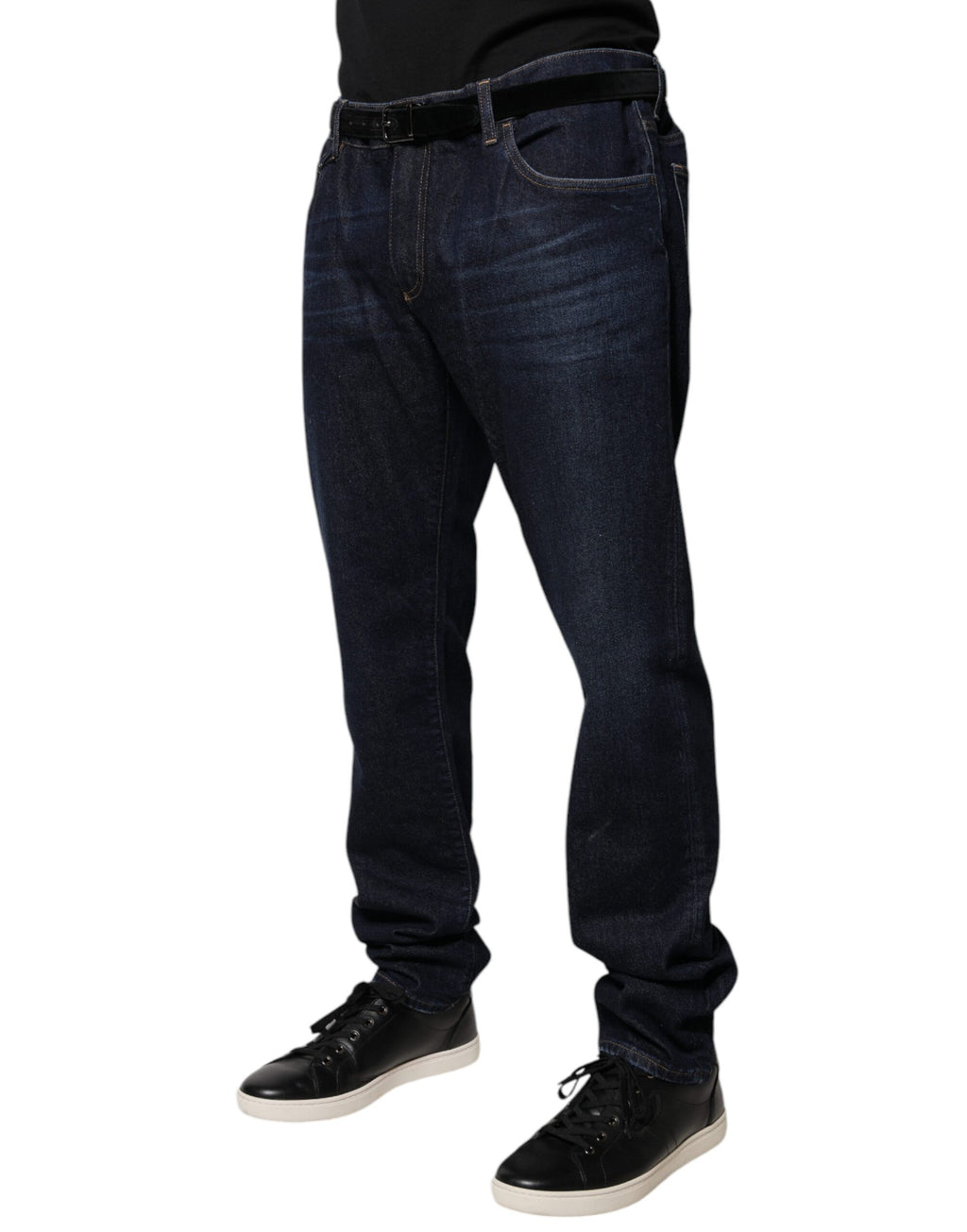 Jeans skinny en denim coton bleu foncé de Dolce & Gabbana, coupe ajustée, visible en gros plan.
