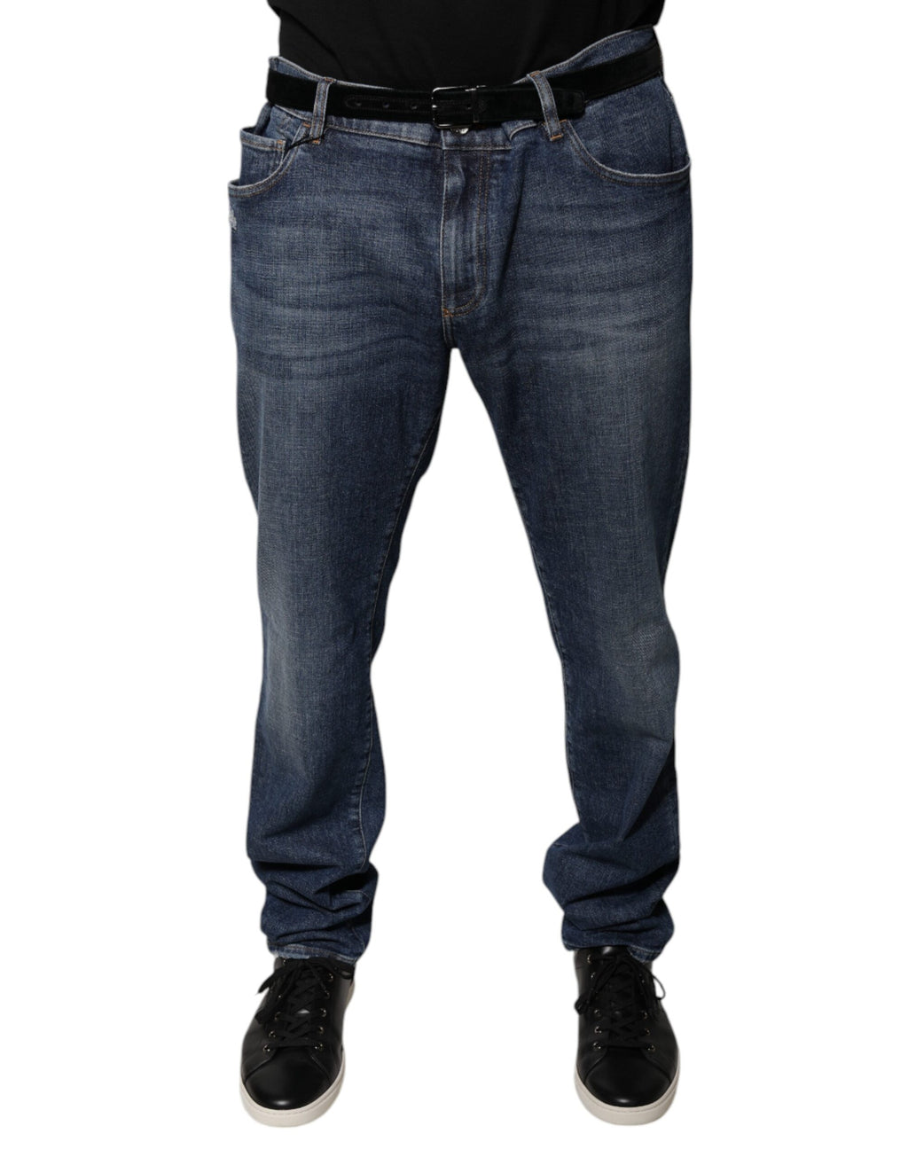 Jeans skinny en denim coton bleu foncé Dolce & Gabbana avec logo, visible sur l'image.
