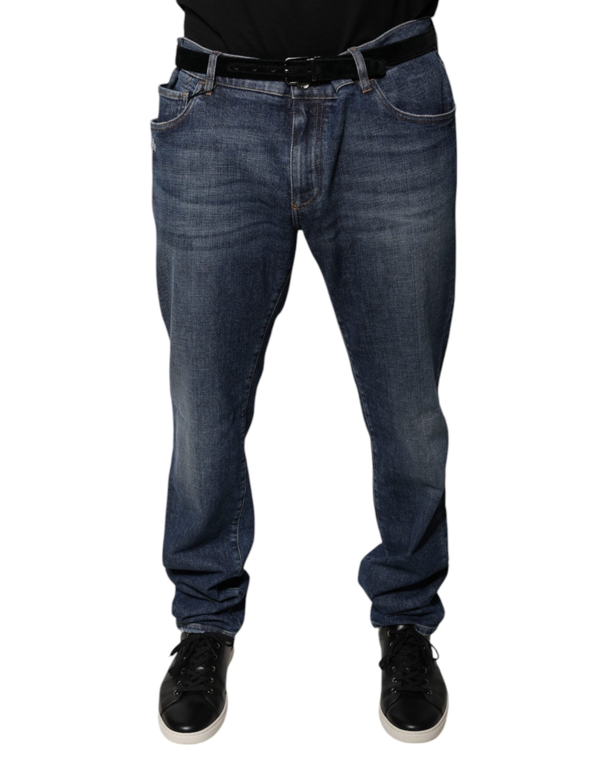 Jeans skinny en denim coton bleu foncé Dolce & Gabbana avec logo, vue de face sur un mannequin.