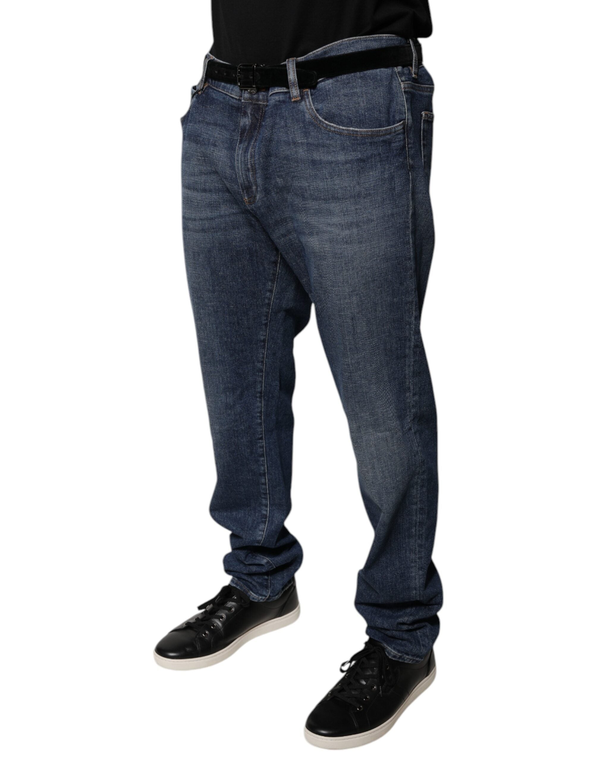 Jeans skinny en denim coton bleu foncé Dolce & Gabbana avec logo visible, ajustés et modernes, pour un look élégant.