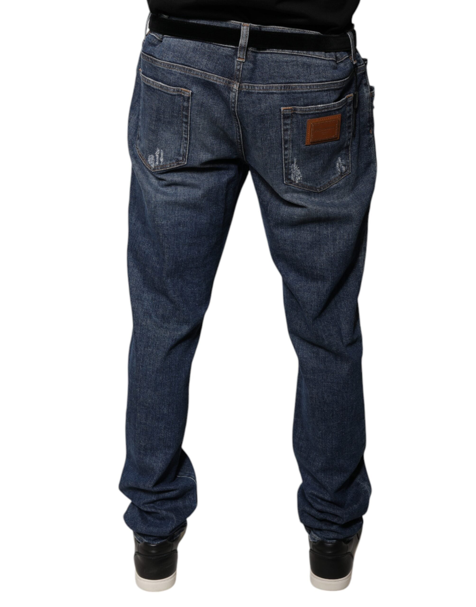 Jeans skinny en denim coton bleu foncé Dolce & Gabbana avec logo visible, ajustés et modernes.