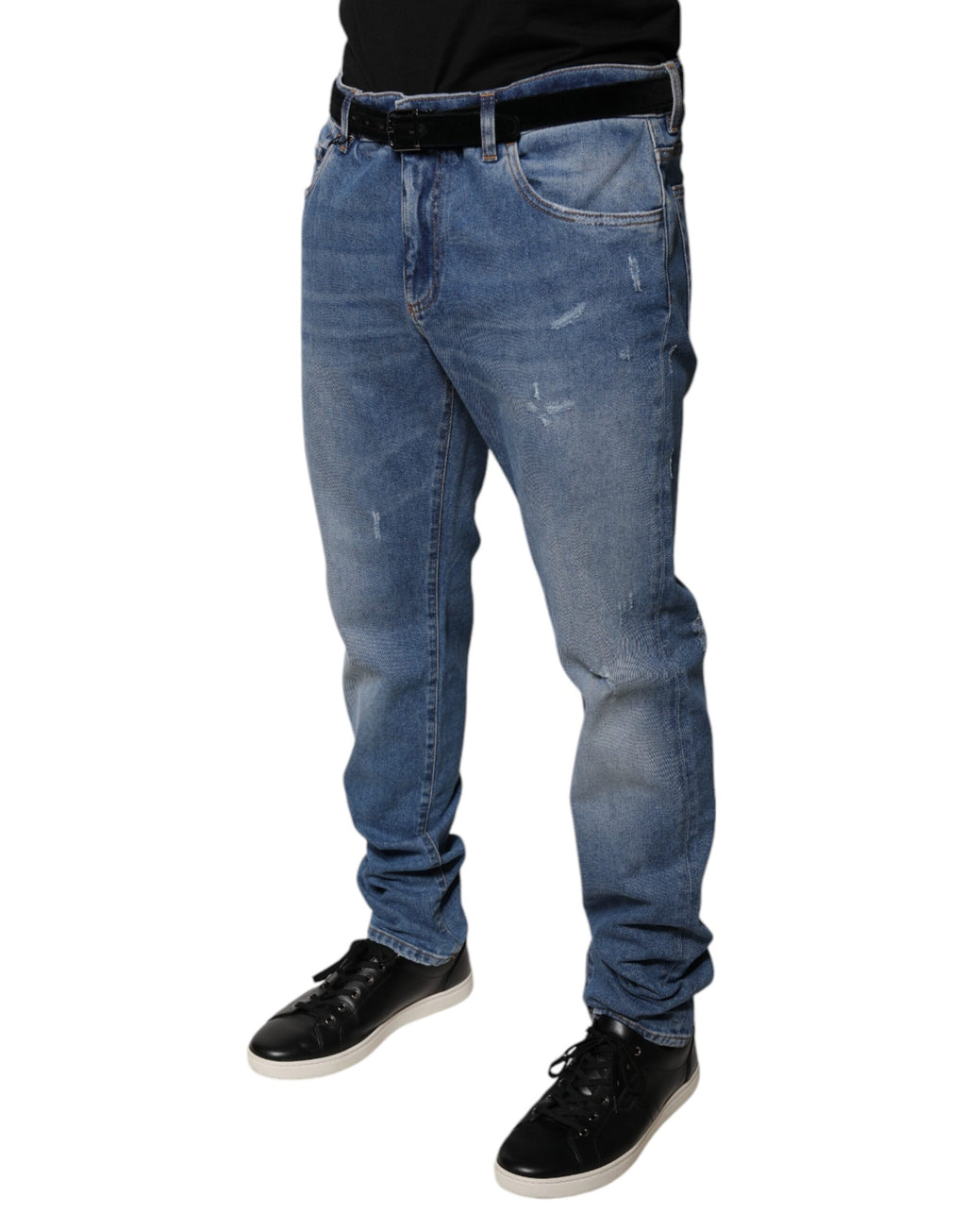 Jeans slim en coton bleu clair Dolce & Gabbana Light Blue pour homme, coupe skinny, détails modernes.