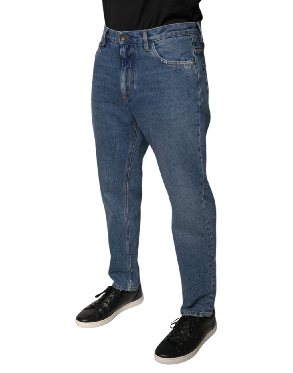 Jeans décontractés en denim bleu Dolce & Gabbana pour hommes, logo en coton, coupe ample et style décontracté.