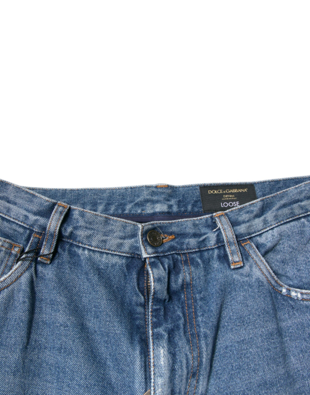Jeans homme en denim bleu Dolce & Gabbana avec logo, coupe décontractée, visible avec détails en coton.