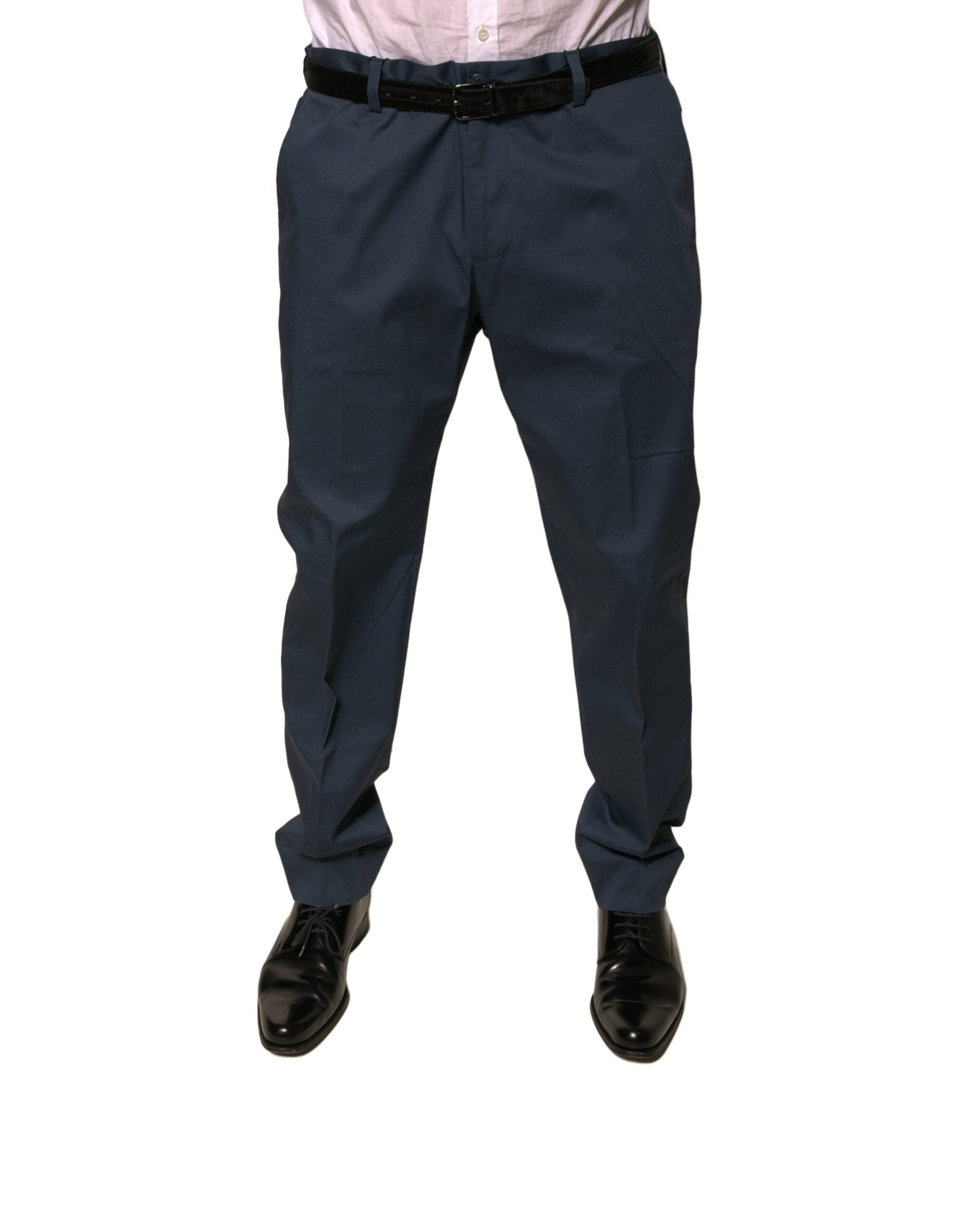 Pantalon homme Dolce & Gabbana en coton stretch bleu foncé, coupe skinny, style pantalon habillé pour homme.