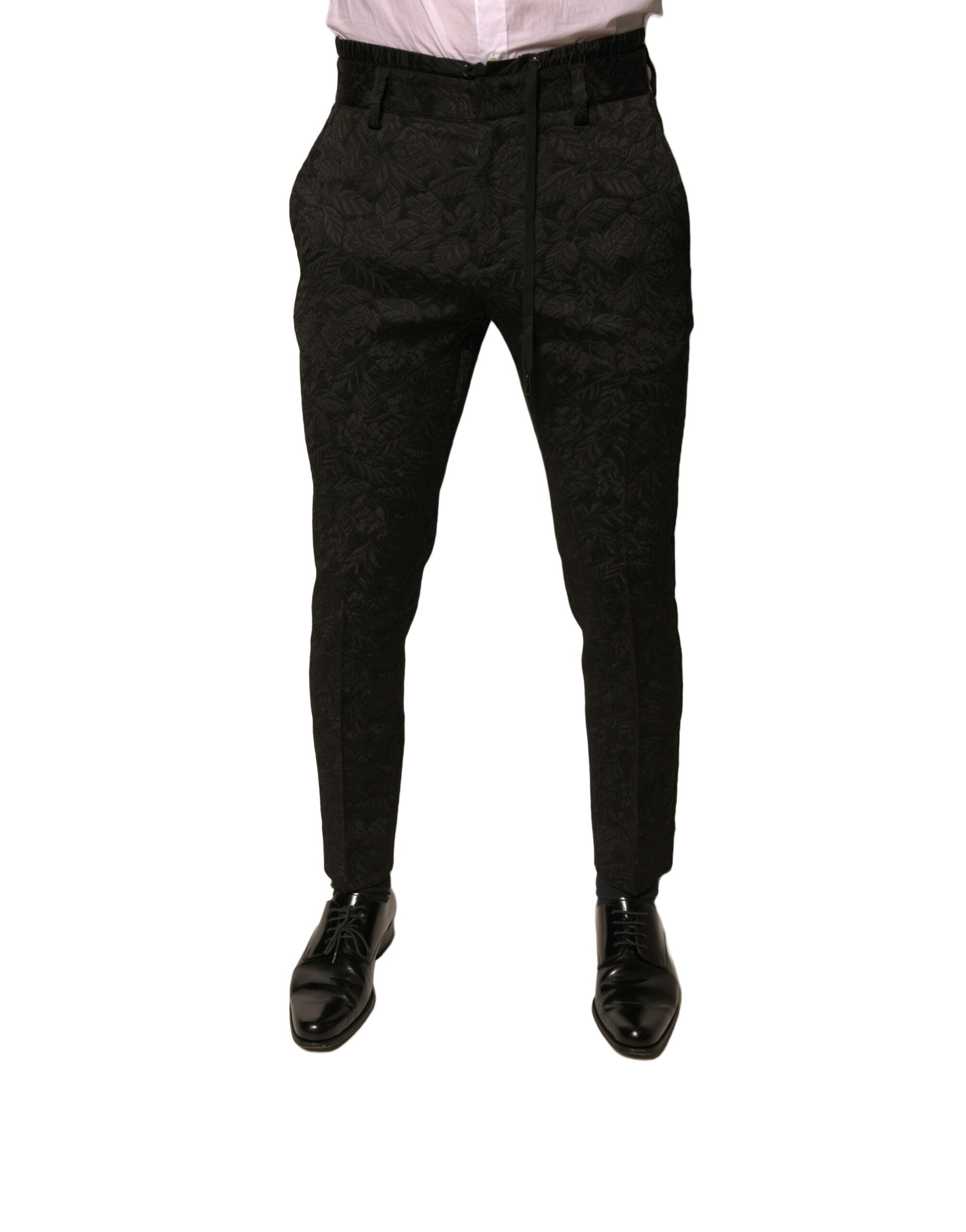 Pantalon homme Dolce & Gabbana noir en brocart de polyester, coupe skinny, élégant pantalon de costume pour homme