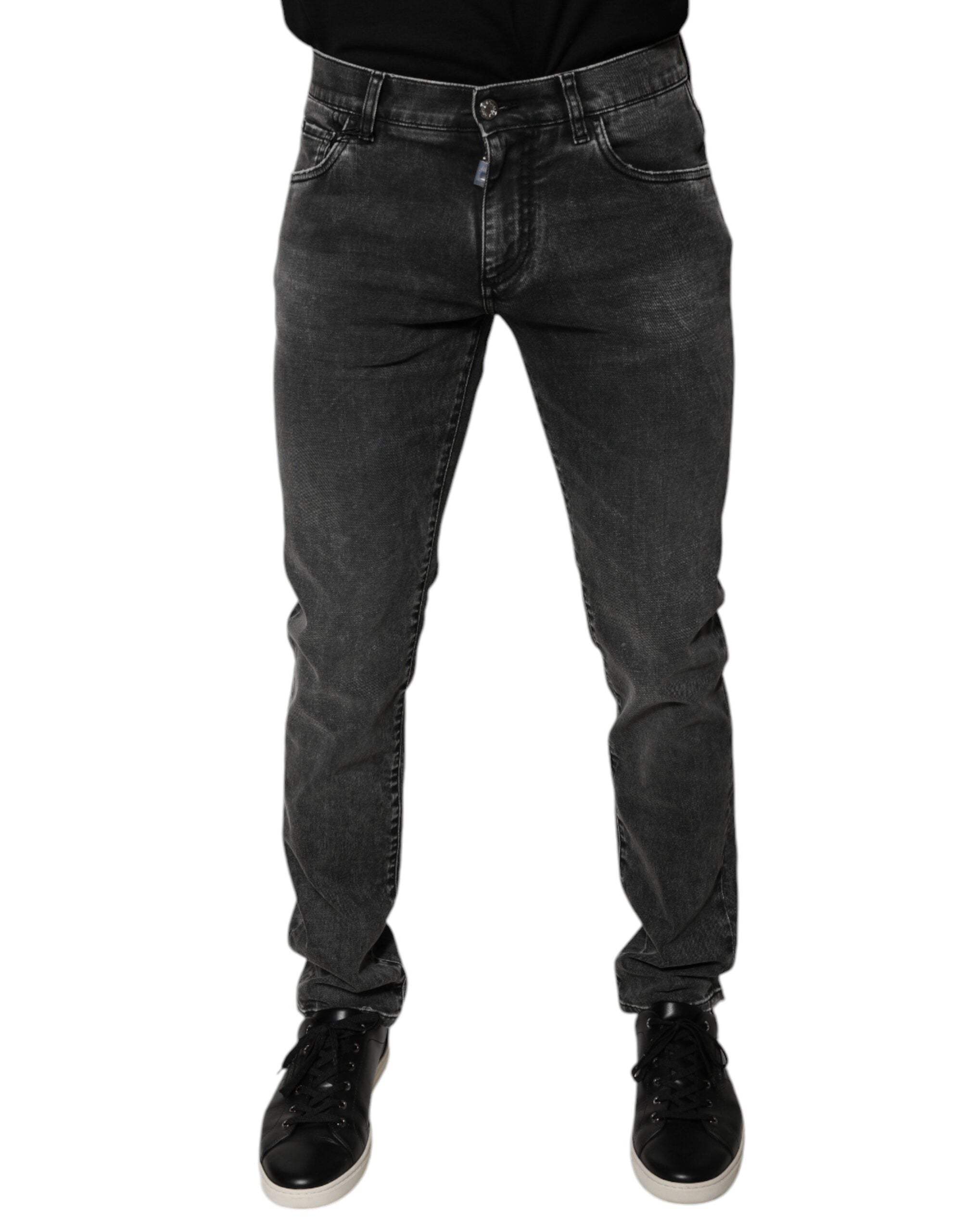Pantalons en denim skinny noir Dolce & Gabbana avec logo en coton stretch, vue de devant.
