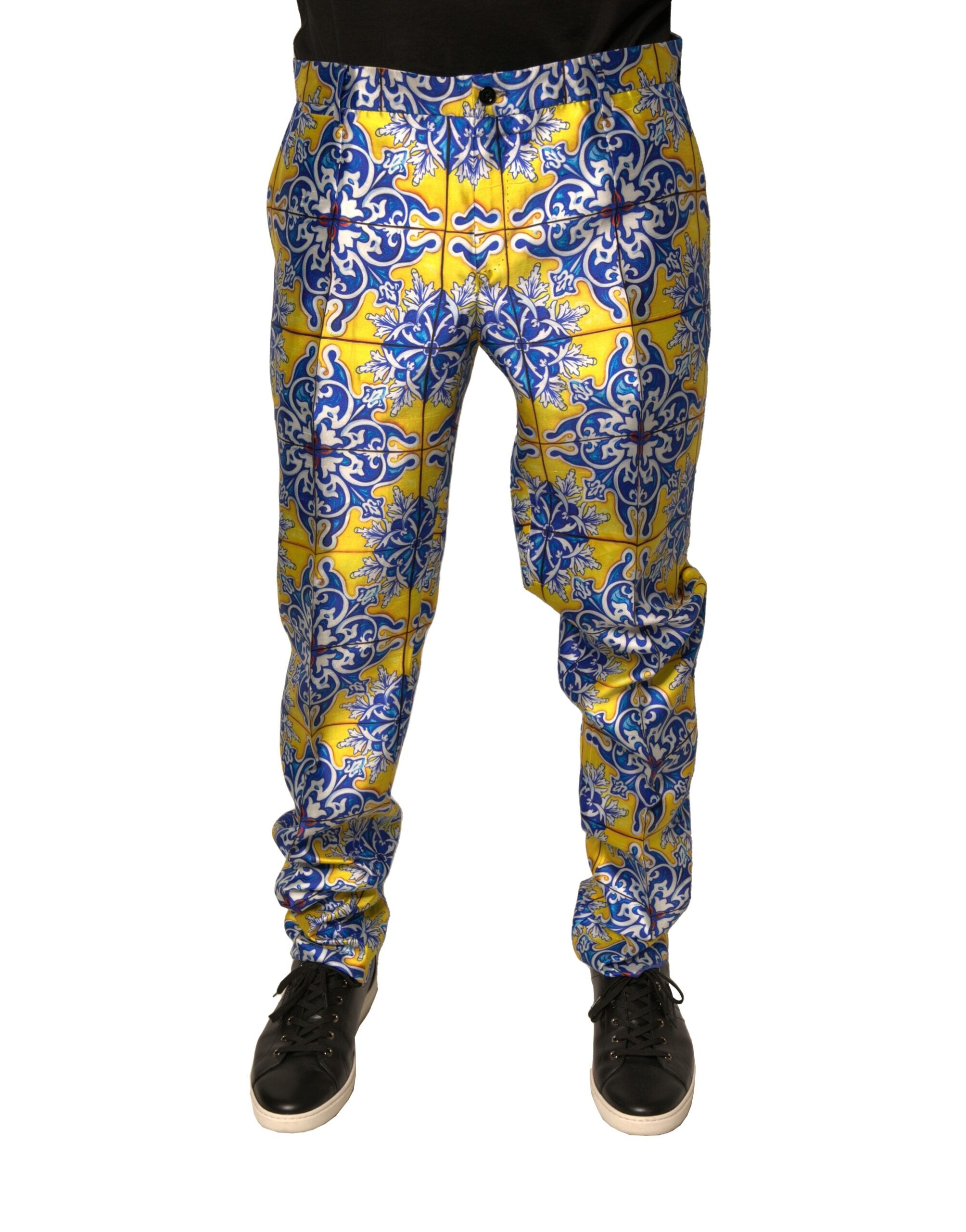 Pantalon skinny en soie multicolore Dolce & Gabbana Majolica avec motif majolique, taille ajustée, design élégant et coloré.
