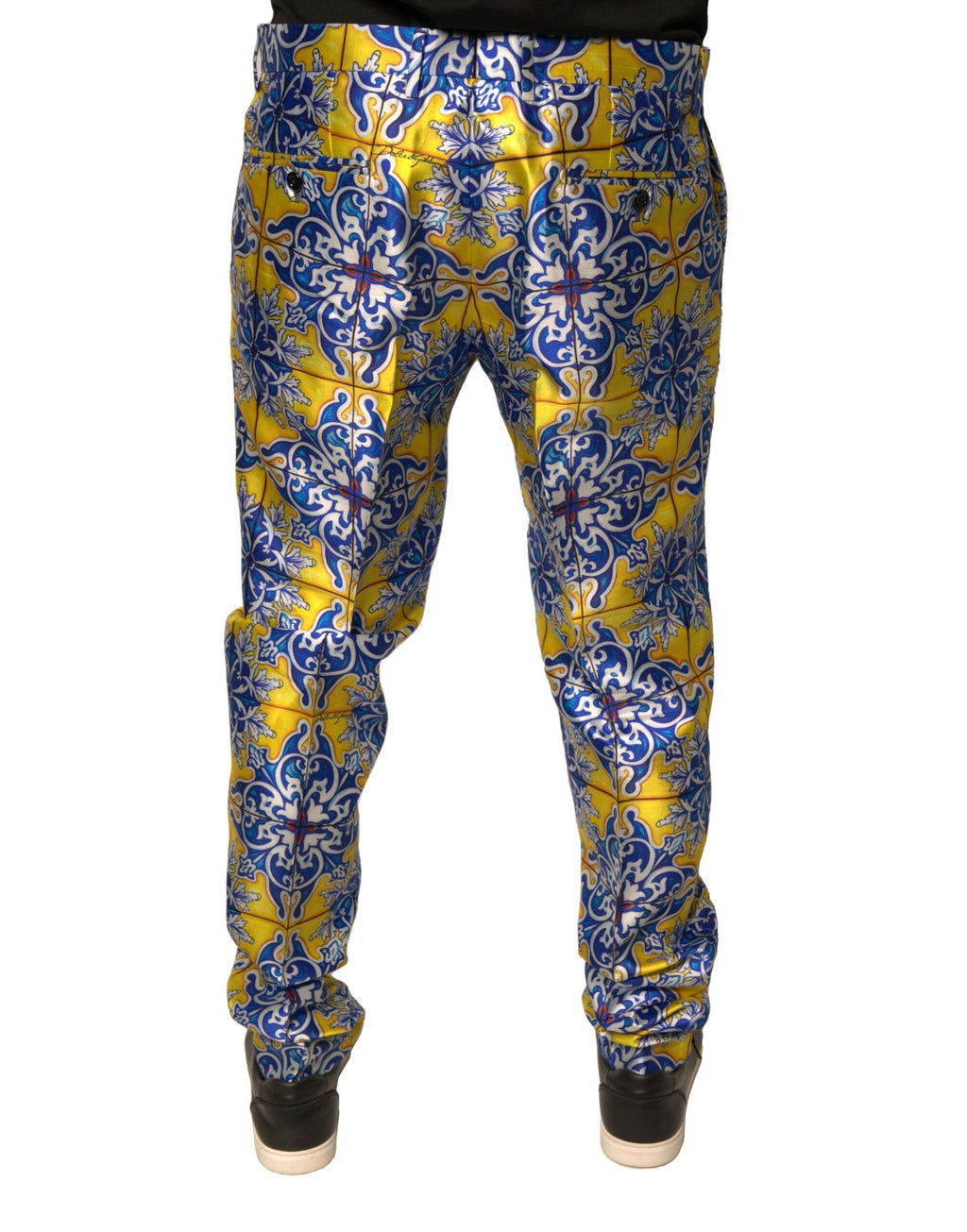 Pantalon skinny en soie multicolore Majolica de Dolce & Gabbana, motif vibrant, ajusté et élégant.
