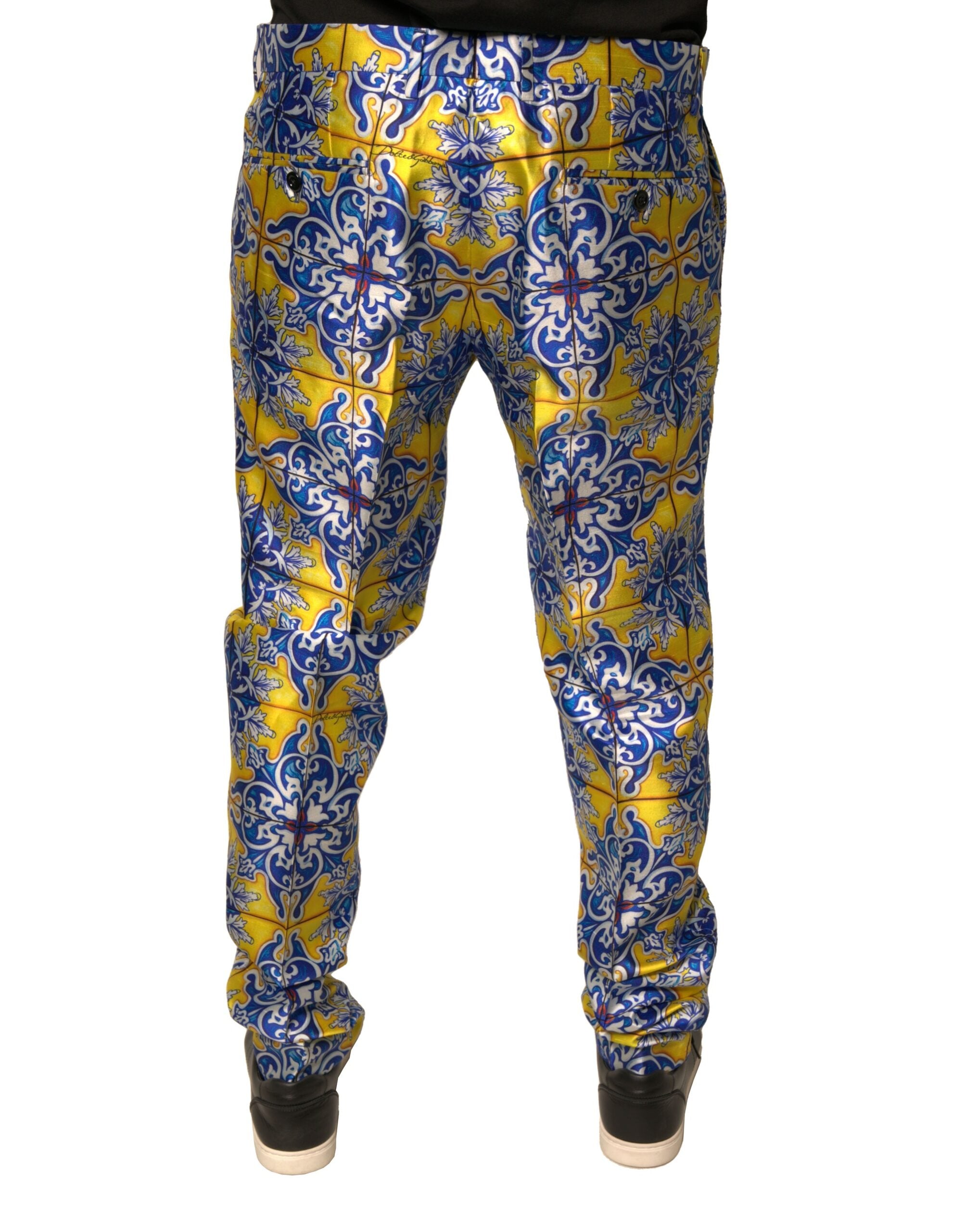 Pantalon skinny en soie multicolore Majolica de Dolce & Gabbana, motif vibrant, ajusté et élégant.